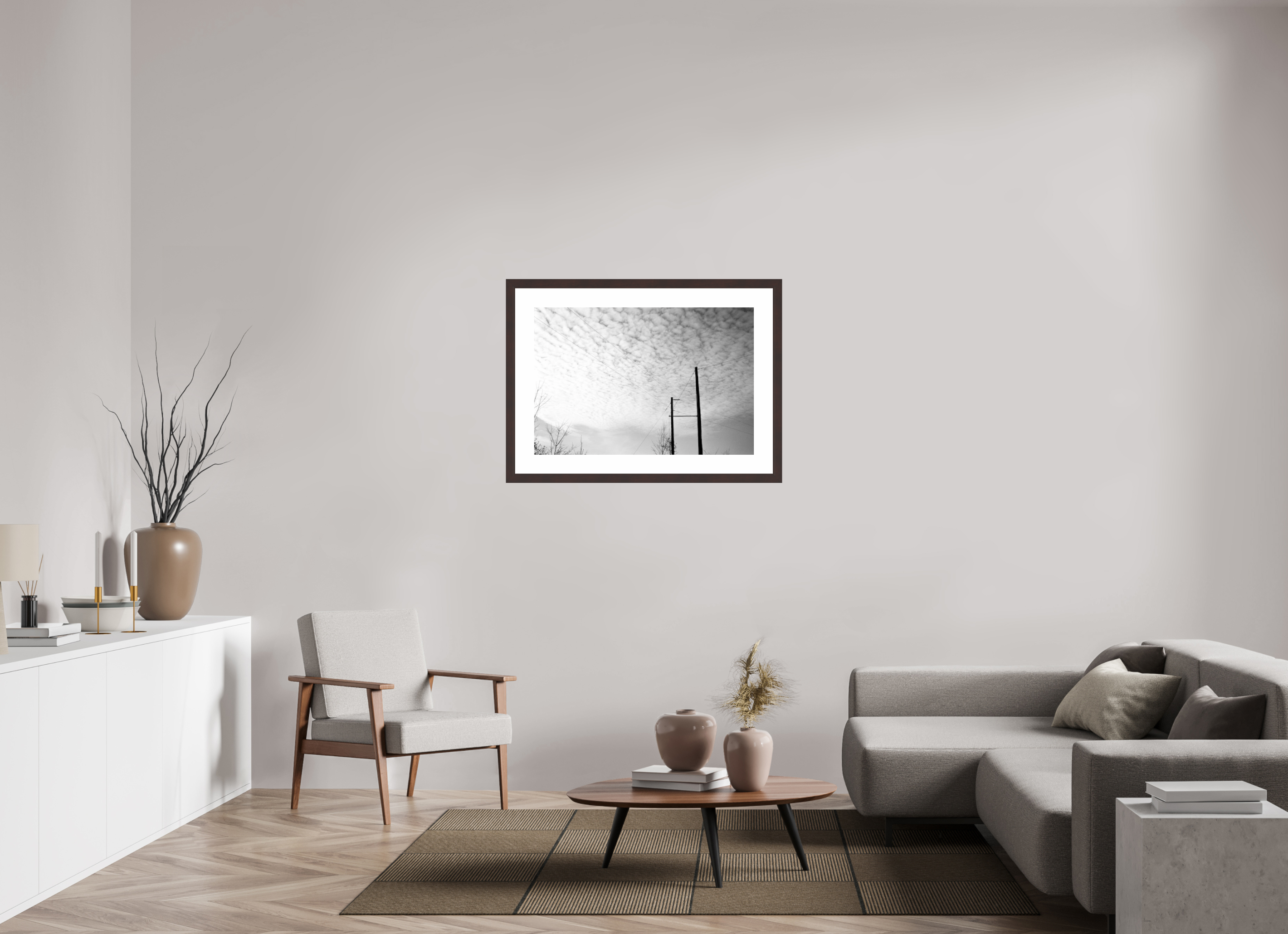 35.6 x 24″, Framed, Alder Brown, B&W Print Lines Under a Blanket of Clouds