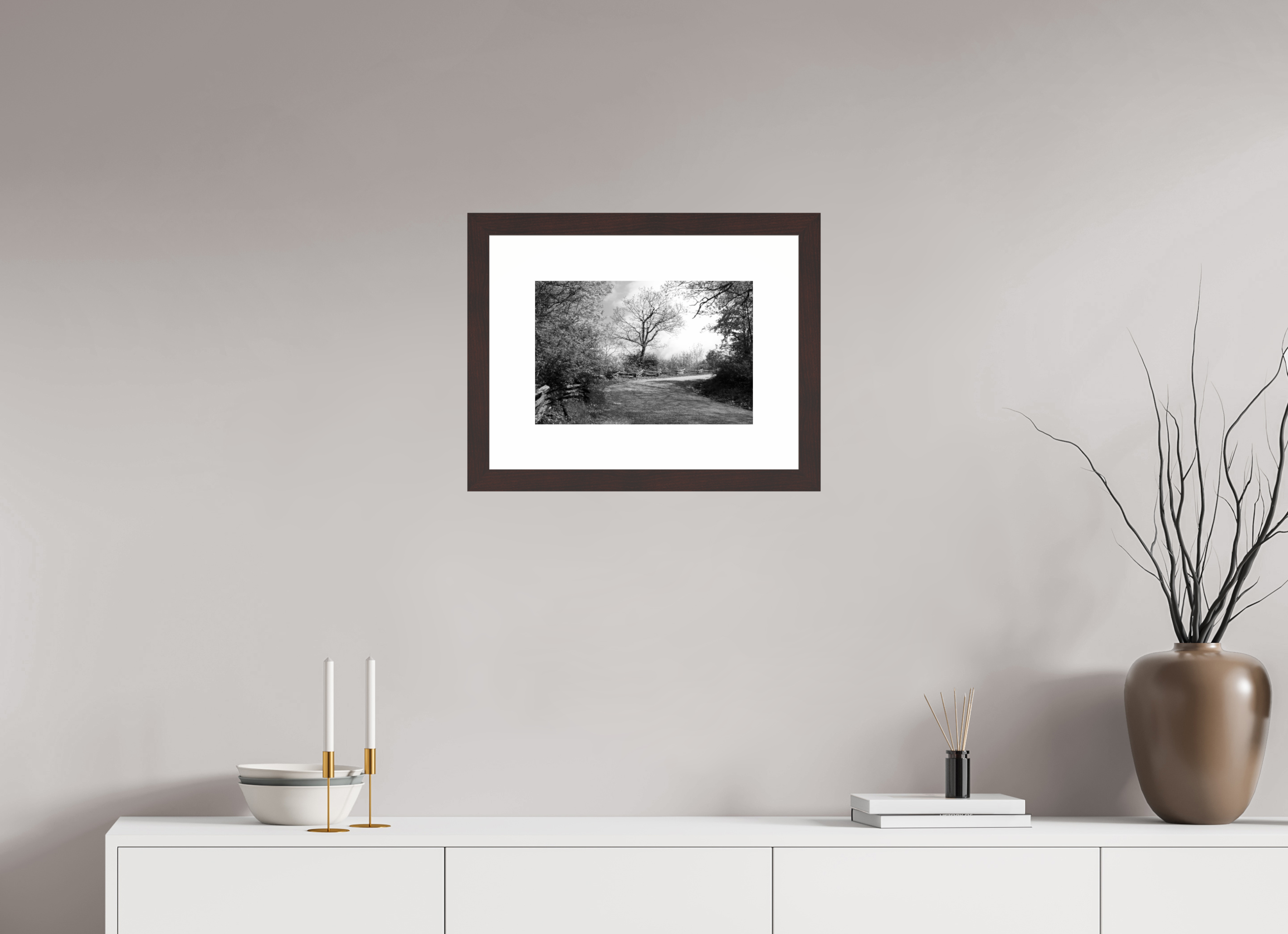 15 x 10″, Framed, Alder Brown, B&W Print Fence Along Mountain Pass