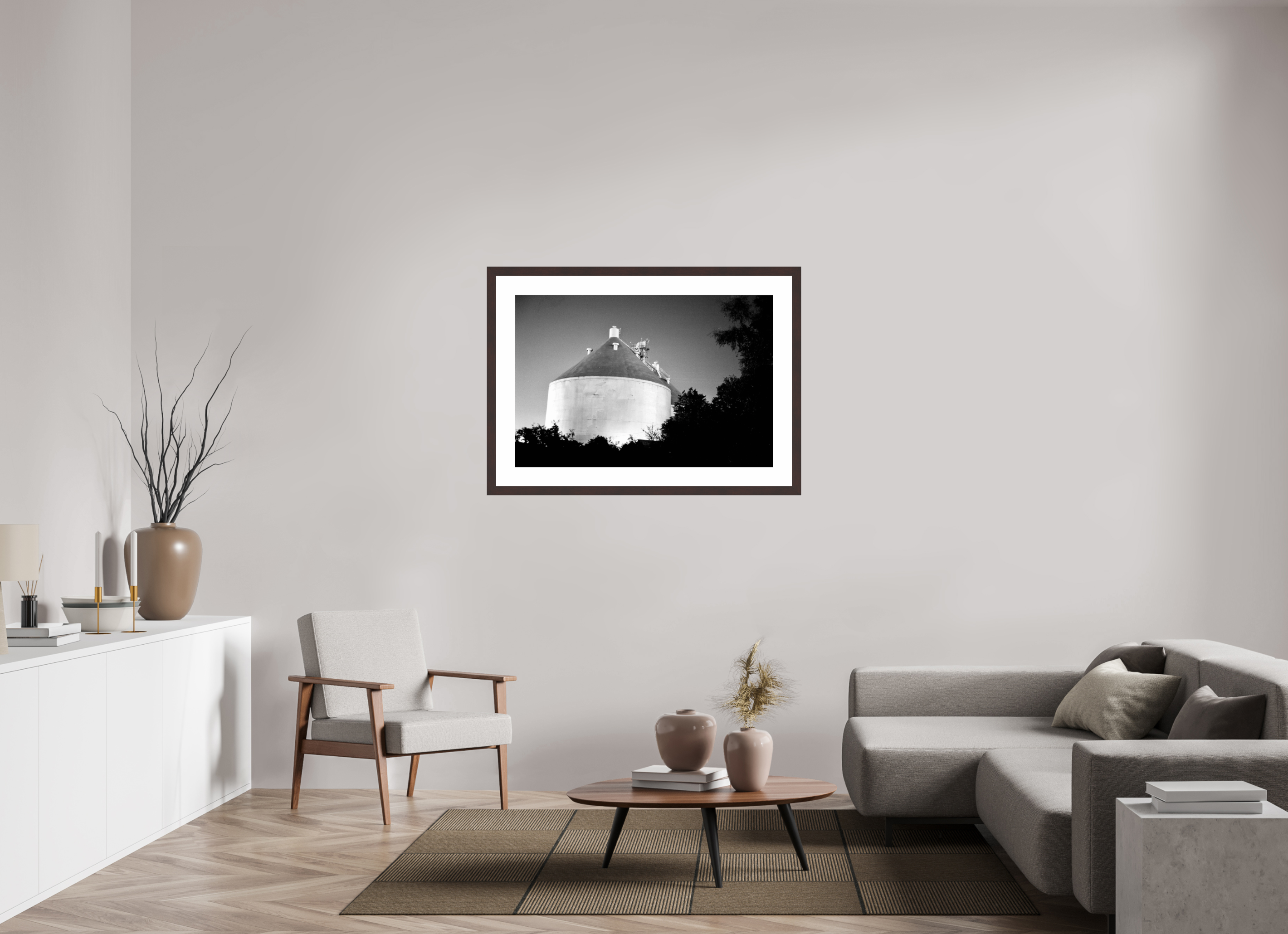41.7 x 28″, Framed, Alder Brown, B&W Print Storage Tank at Night