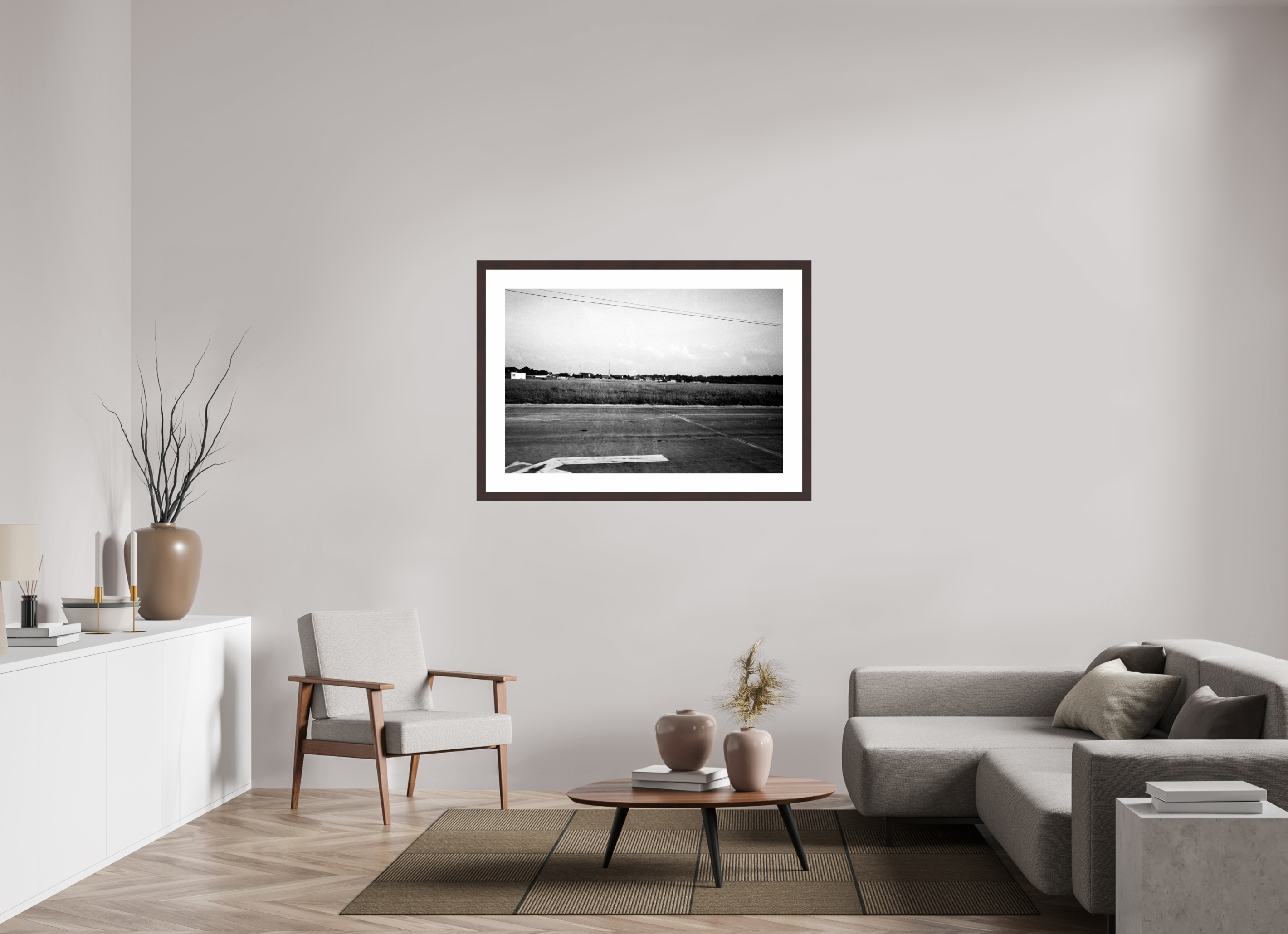 45 x 30″, Framed, Alder Brown, B&W Print Lines with Partial Arrow