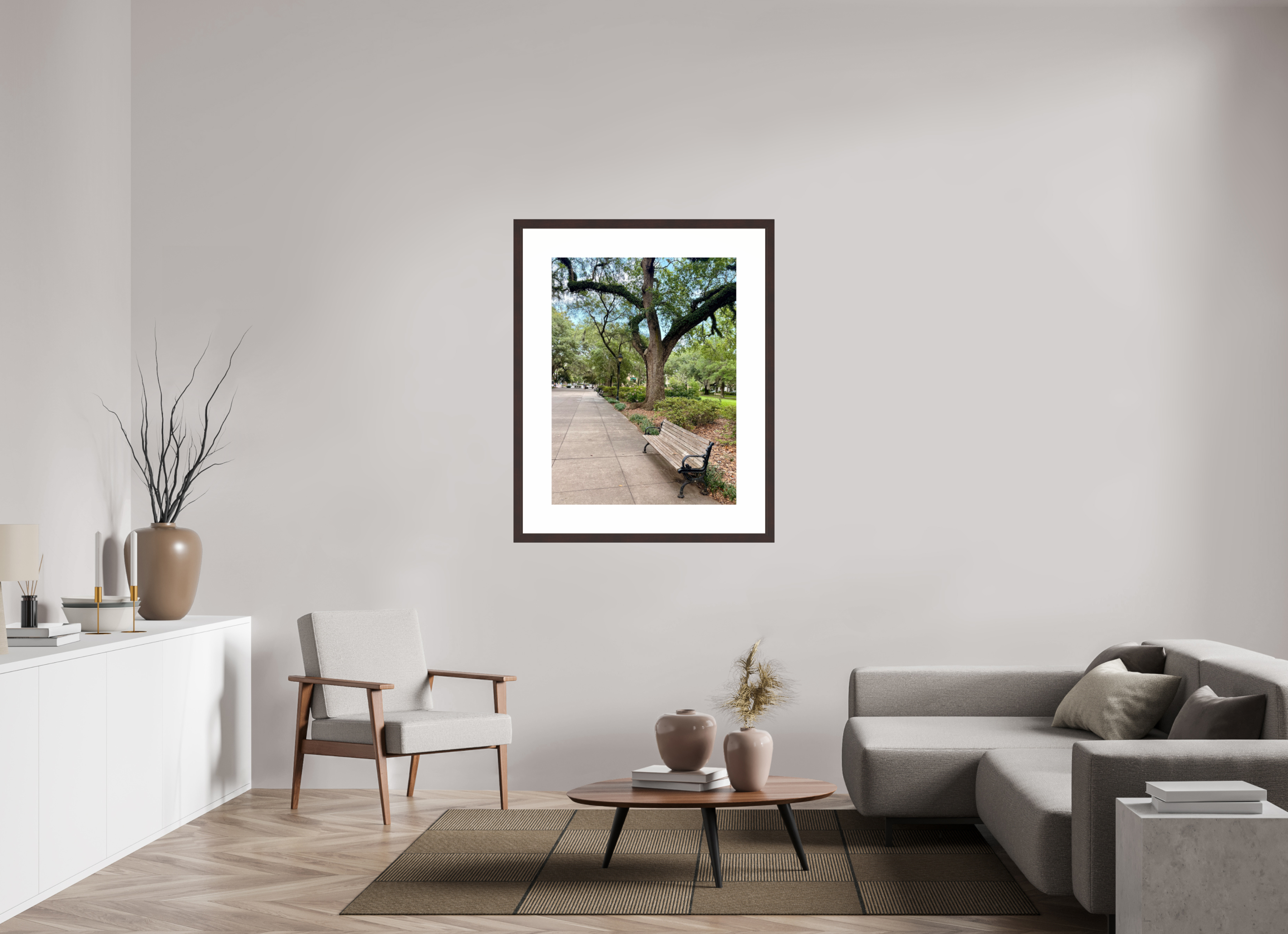 30 x 40″, Framed, Alder Brown, Color Print Bench at Forsyth Park