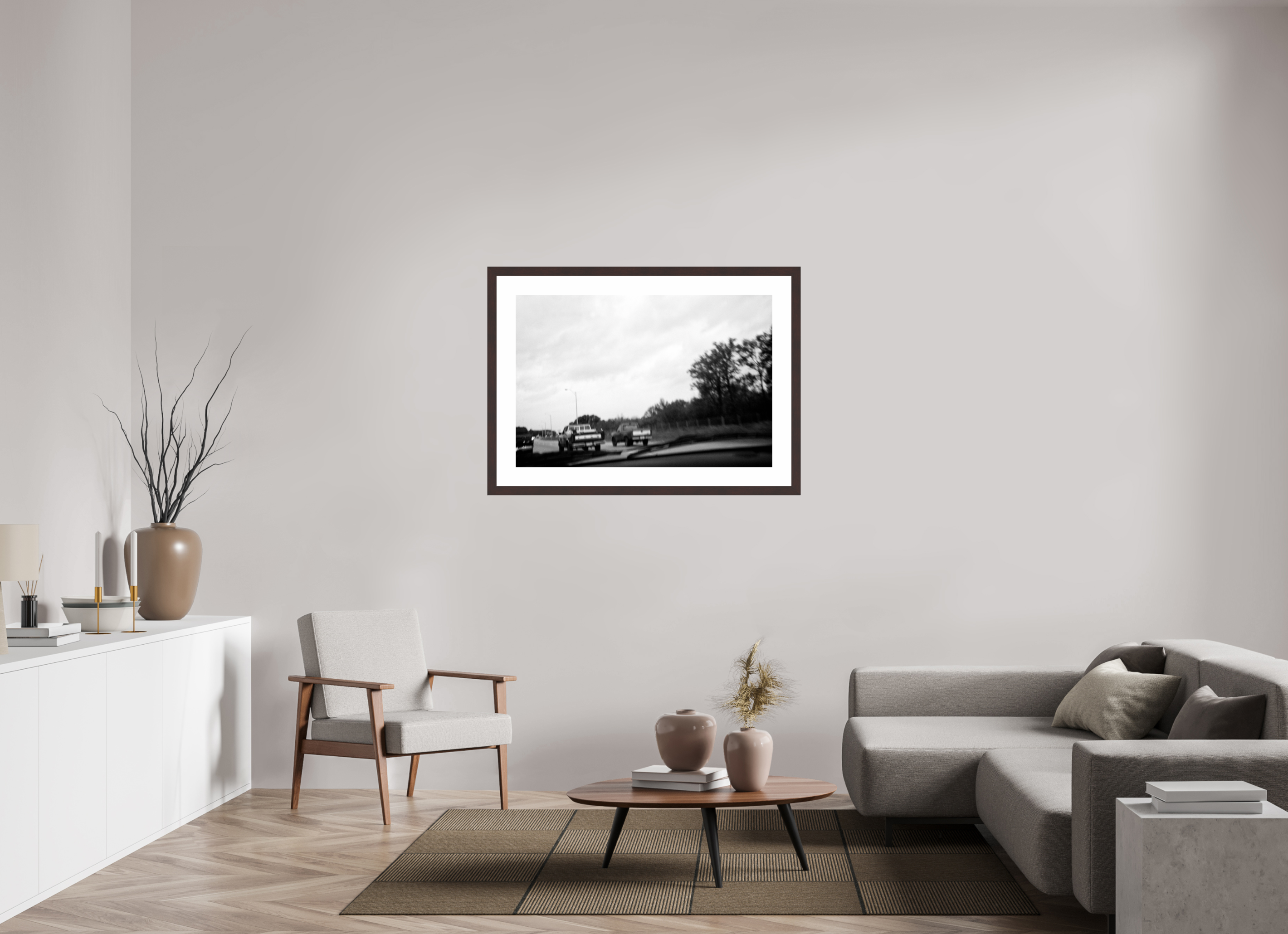 41.5 x 28″, Framed, Alder Brown, B&W Print Three Trucks