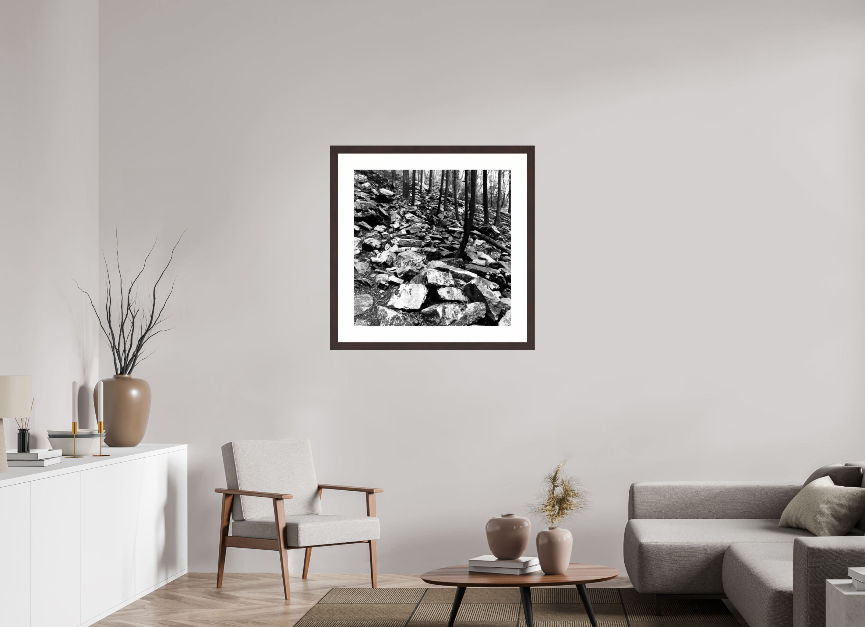 30 x 30″, Framed, Alder Brown, B&W Print Rocky Hillside