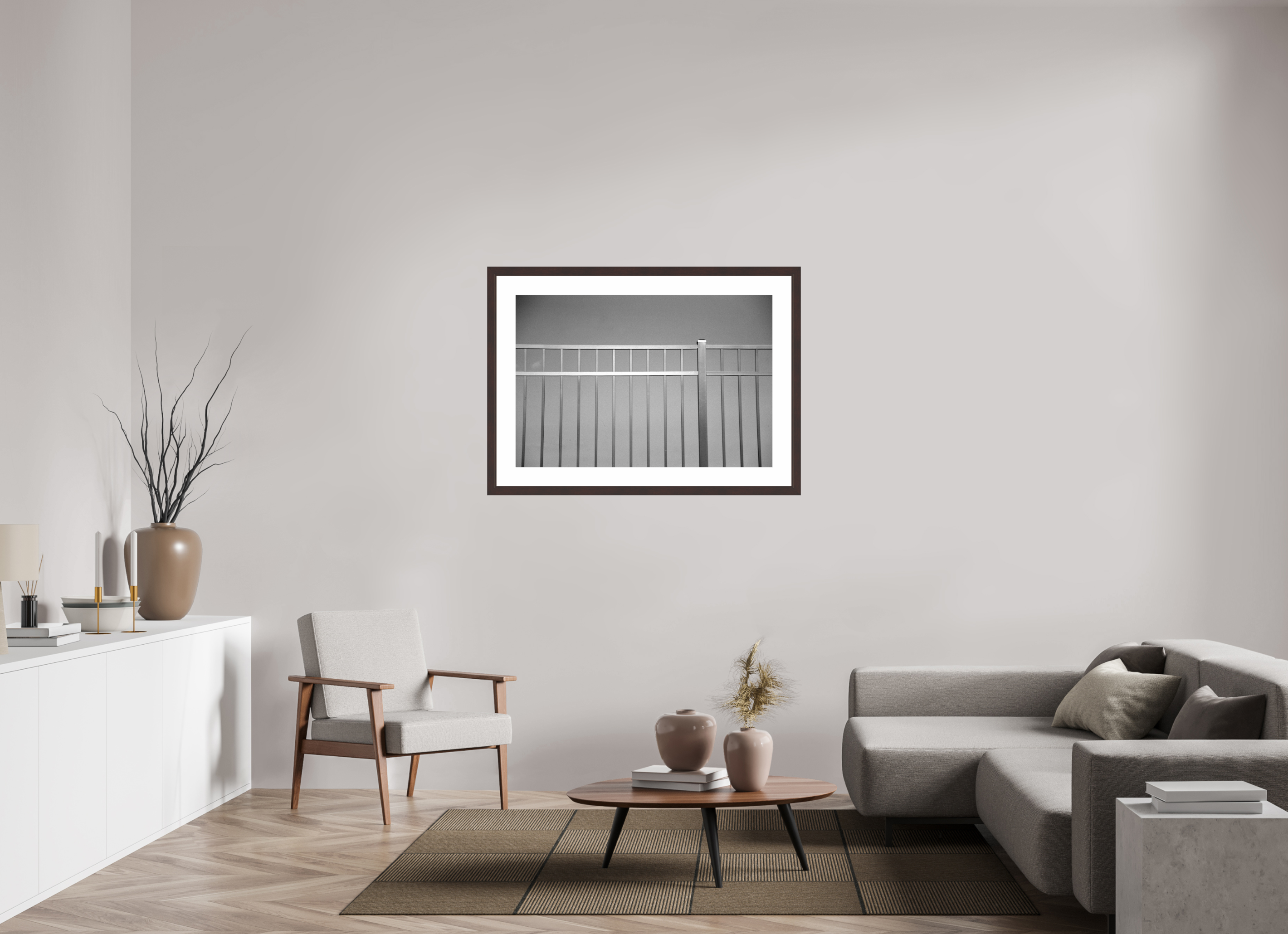 41.6 x 28″, Framed, Alder Brown, B&W Print Fence