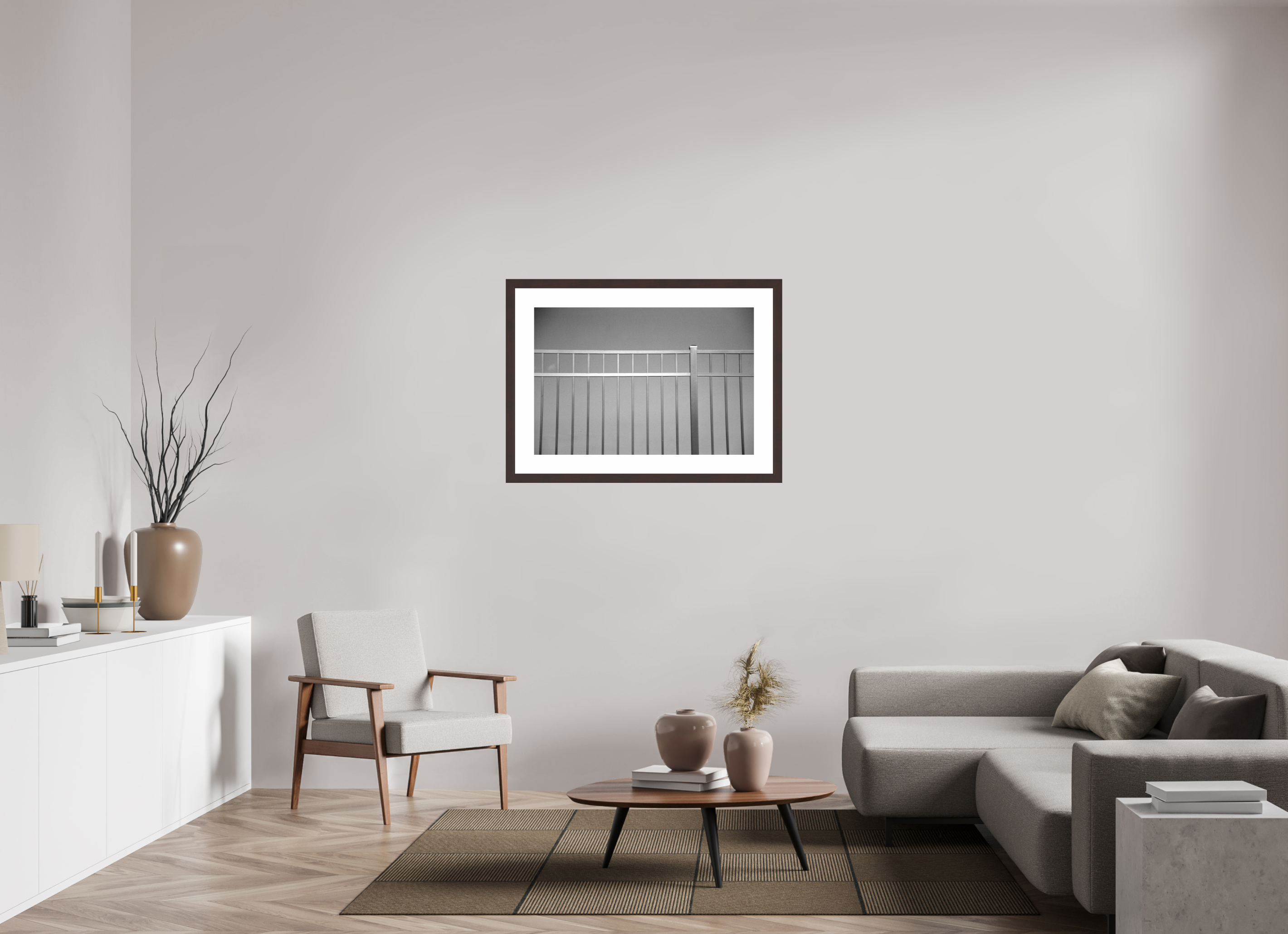 35.6 x 24″, Framed, Alder Brown, B&W Print Fence