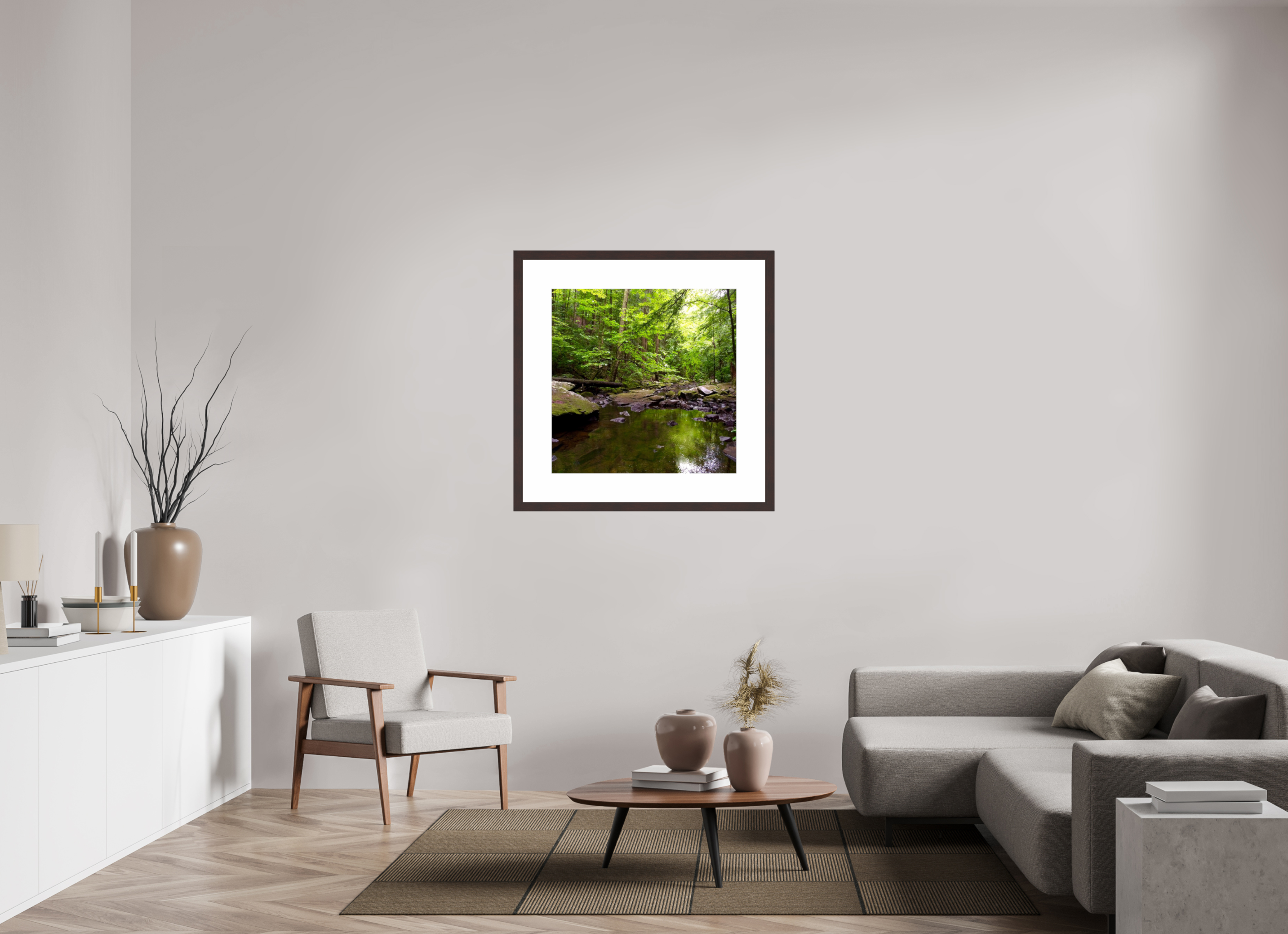 30 x 30″, Framed, Alder Brown, Color Print Stream Near Foster Falls