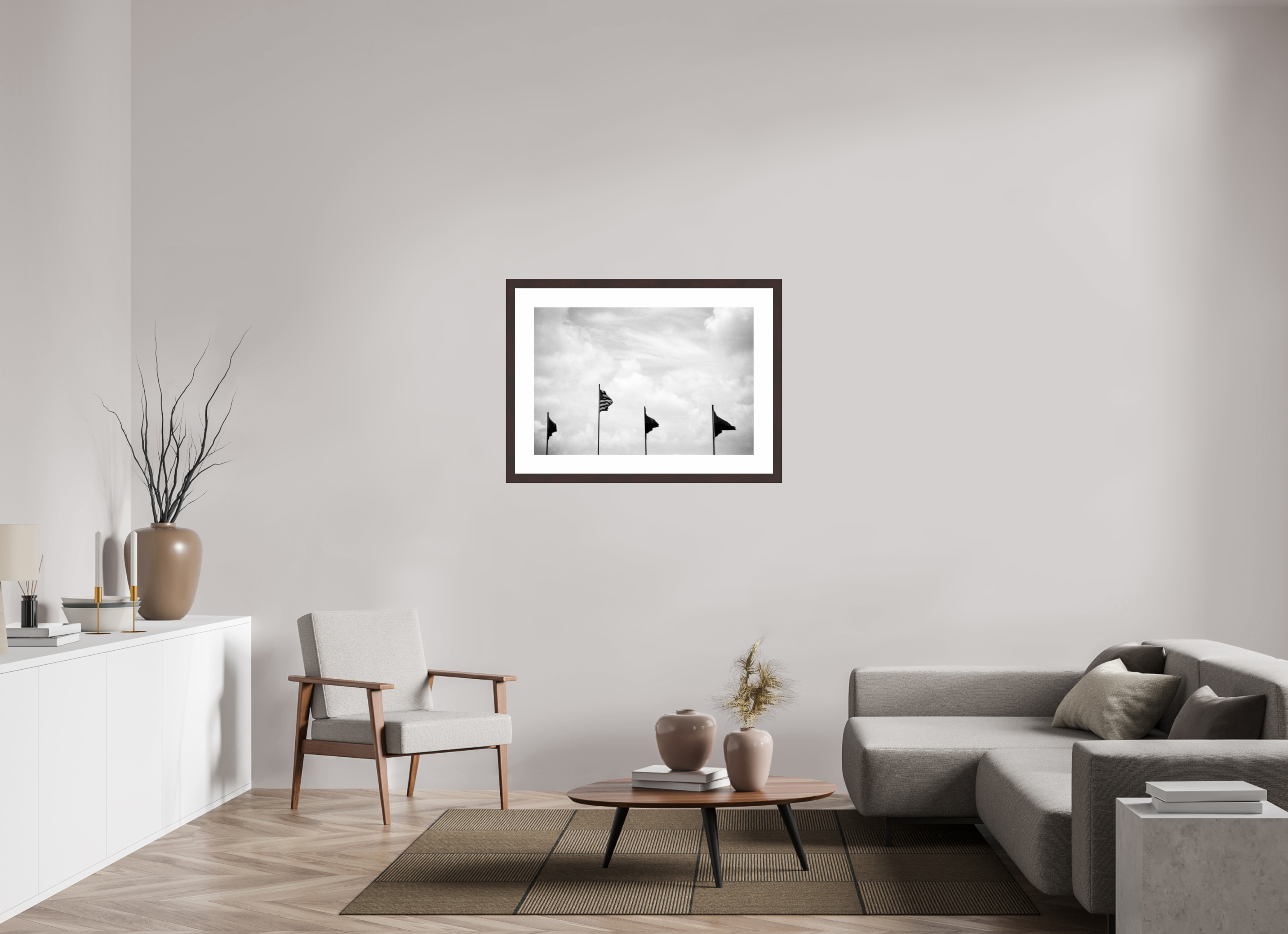 35.6 x 24″, Framed, Alder Brown, B&W Print Four Flags