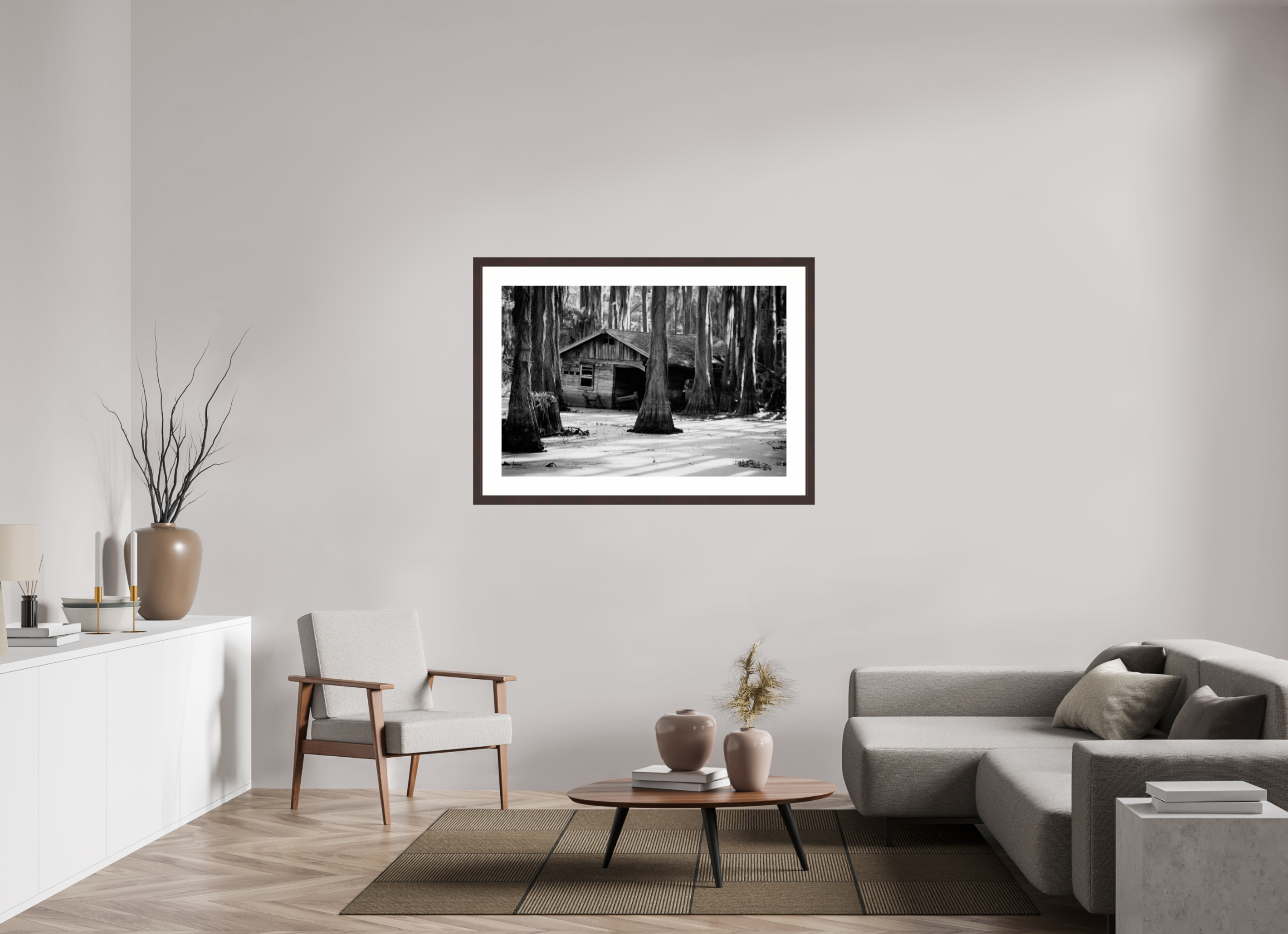 46.1 x 31″, Framed, Alder Brown, B&W Print Cabin In Lake