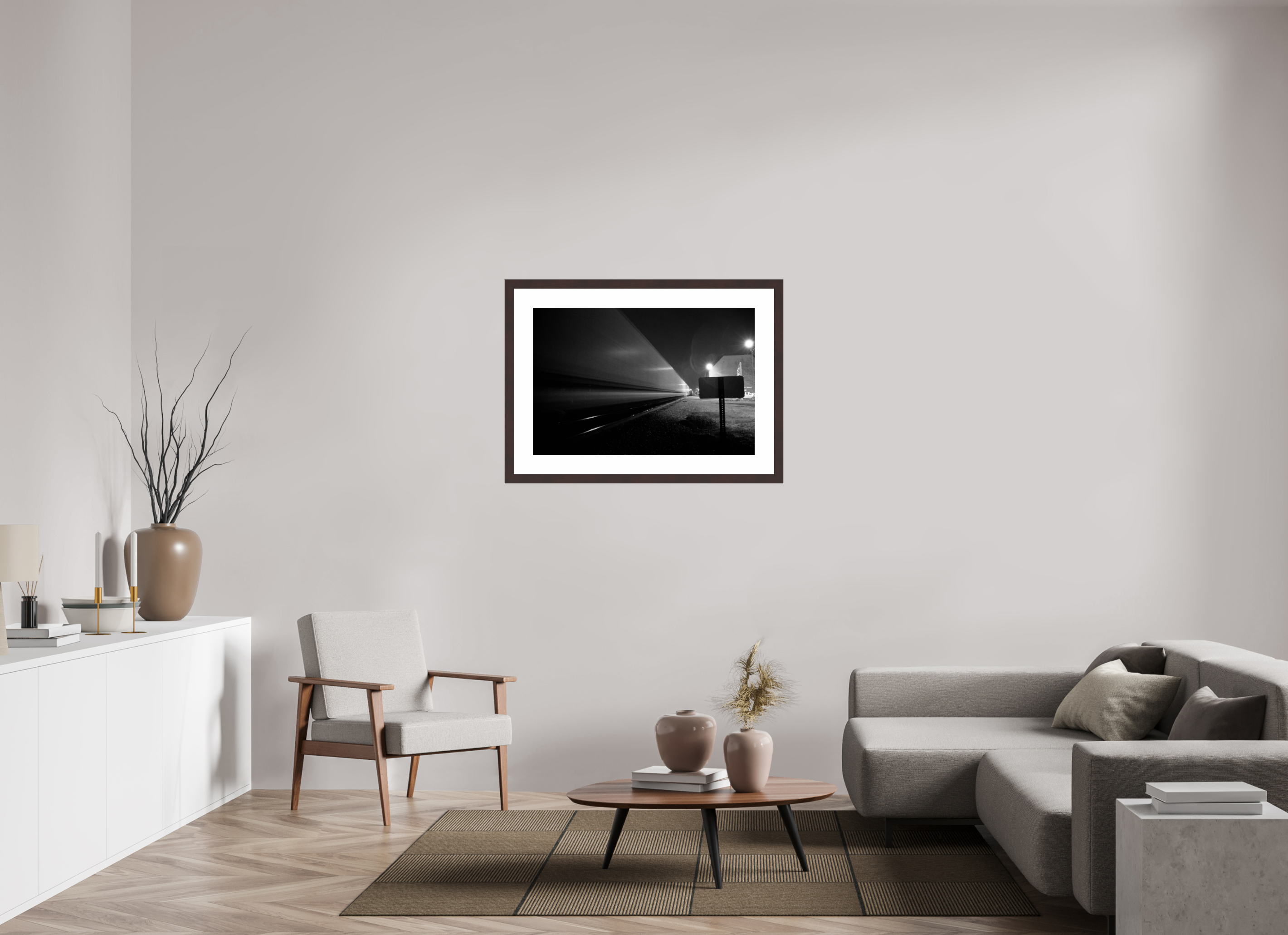 36 x 24″, Framed, Alder Brown, B&W Print Train Going By