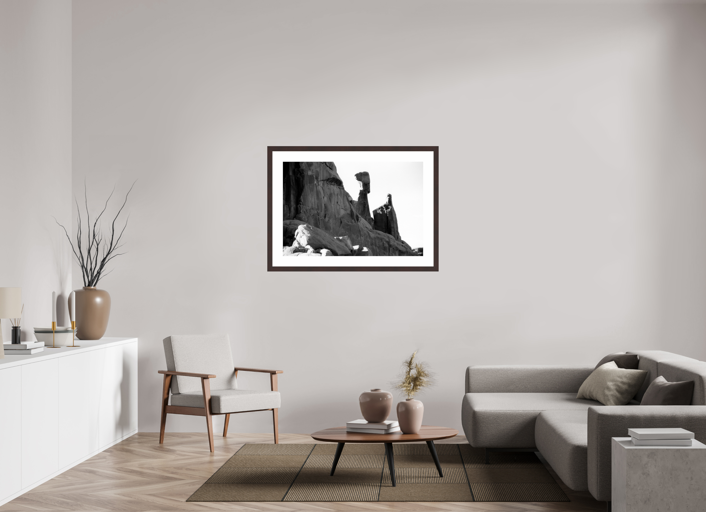 41.4 x 28″, Framed, Alder Brown, B&W Print Balanced Rock in Valley Formation