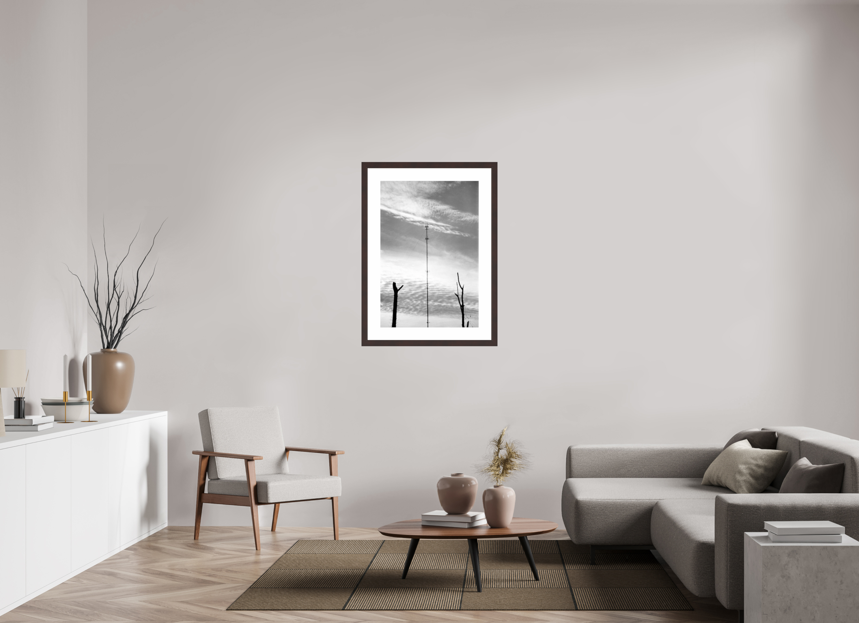 24 x 35.6″, Framed, Alder Brown, B&W Print Antenna and Trees