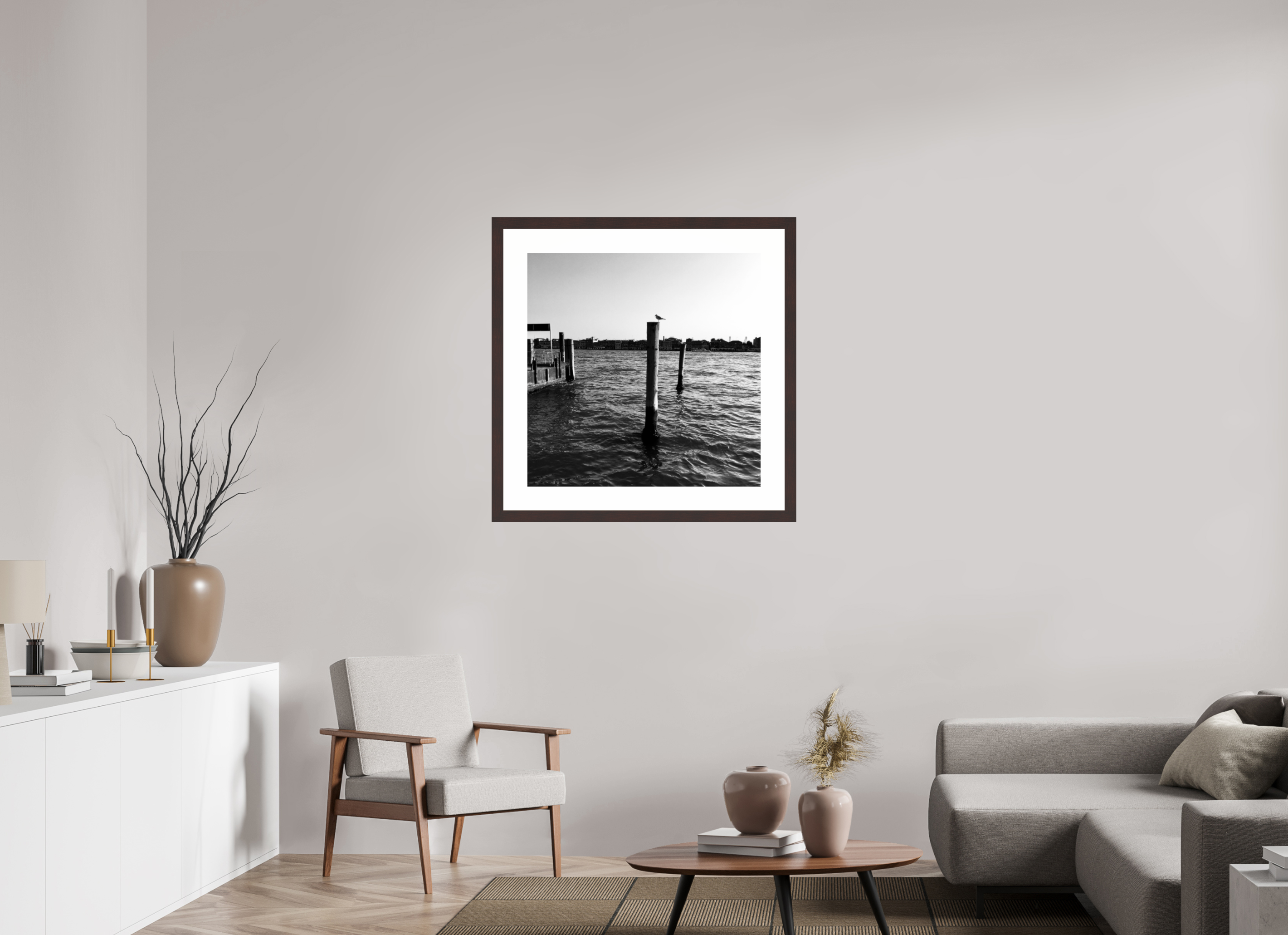 30 x 30″, Framed, Alder Brown, B&W Print Seagull on Guidecca Canal