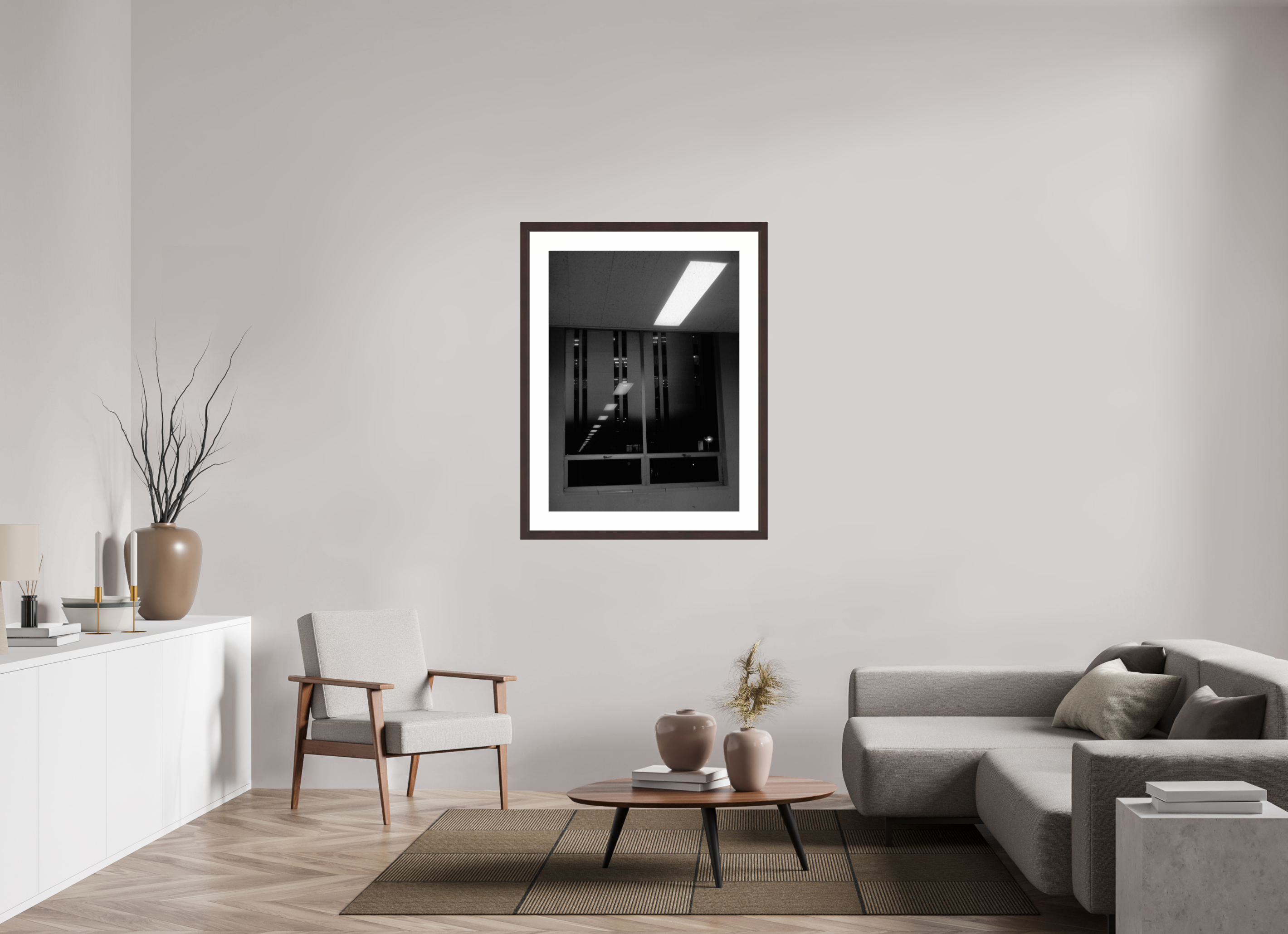 31 x 42.2″, Framed, Alder Brown, B&W Print Lights Extending Into Space