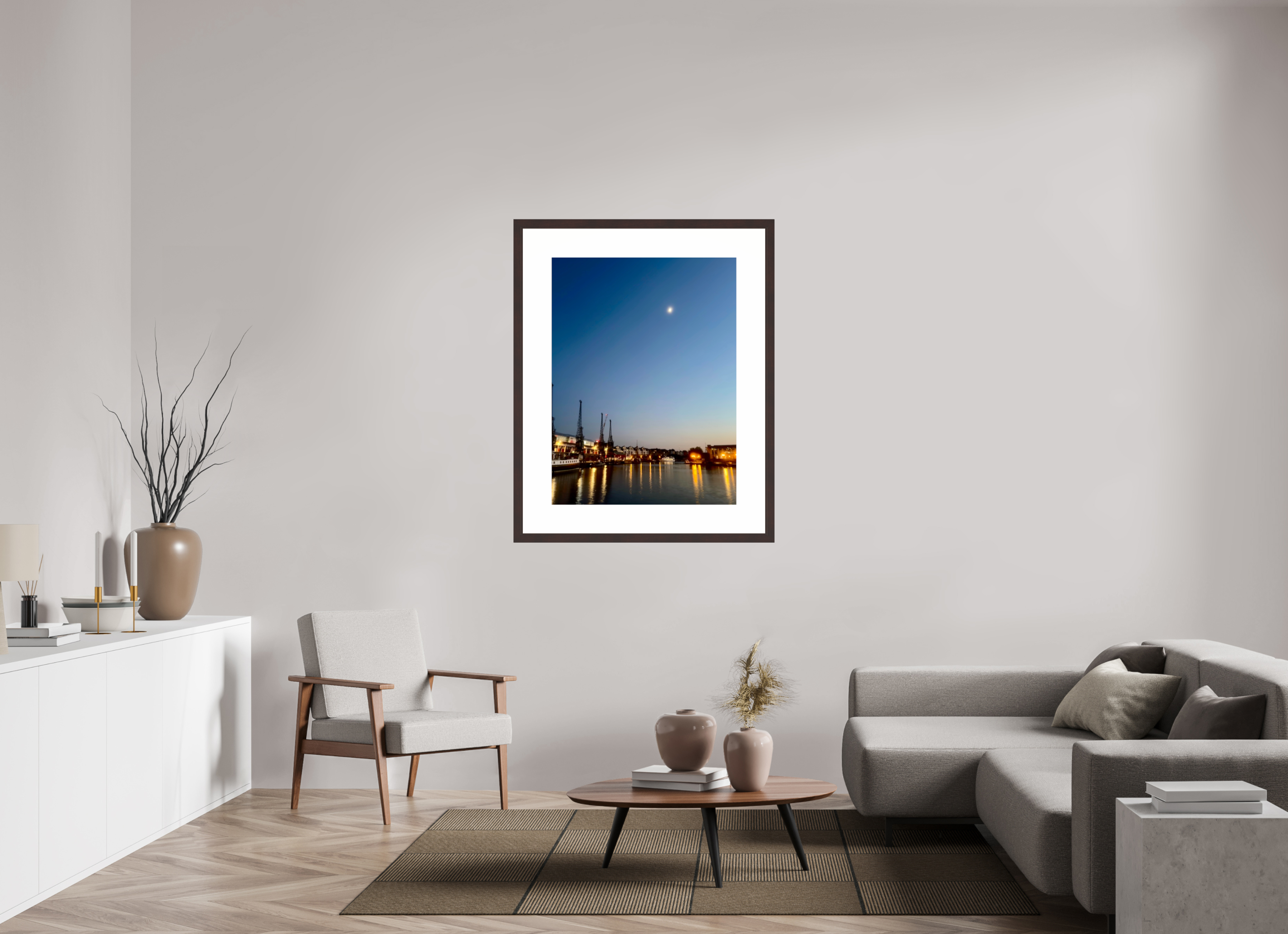 30 x 40″, Framed, Alder Brown, Color Print Moonset Over Bristol