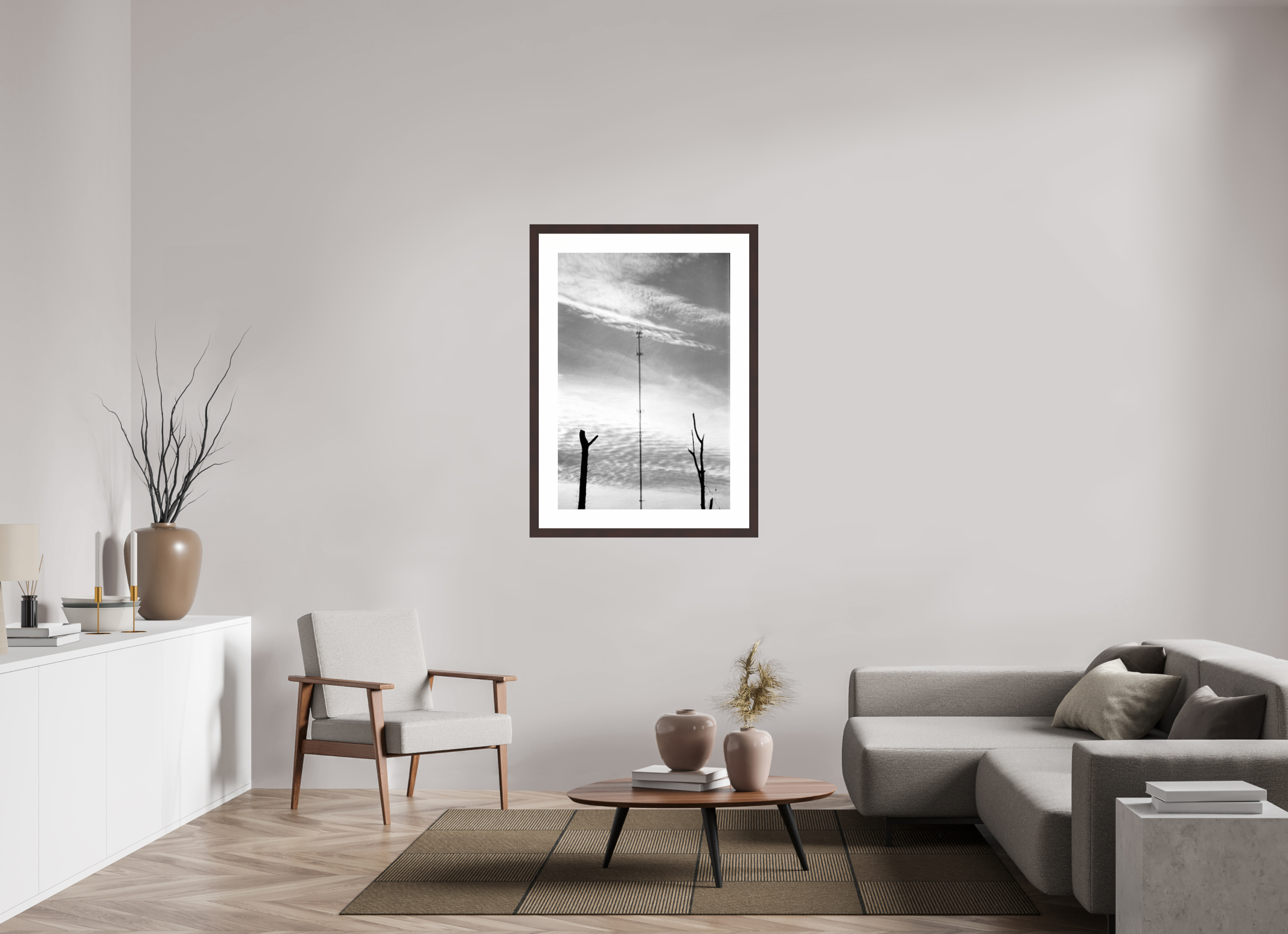 28 x 41.5″, Framed, Alder Brown, B&W Print Antenna and Trees