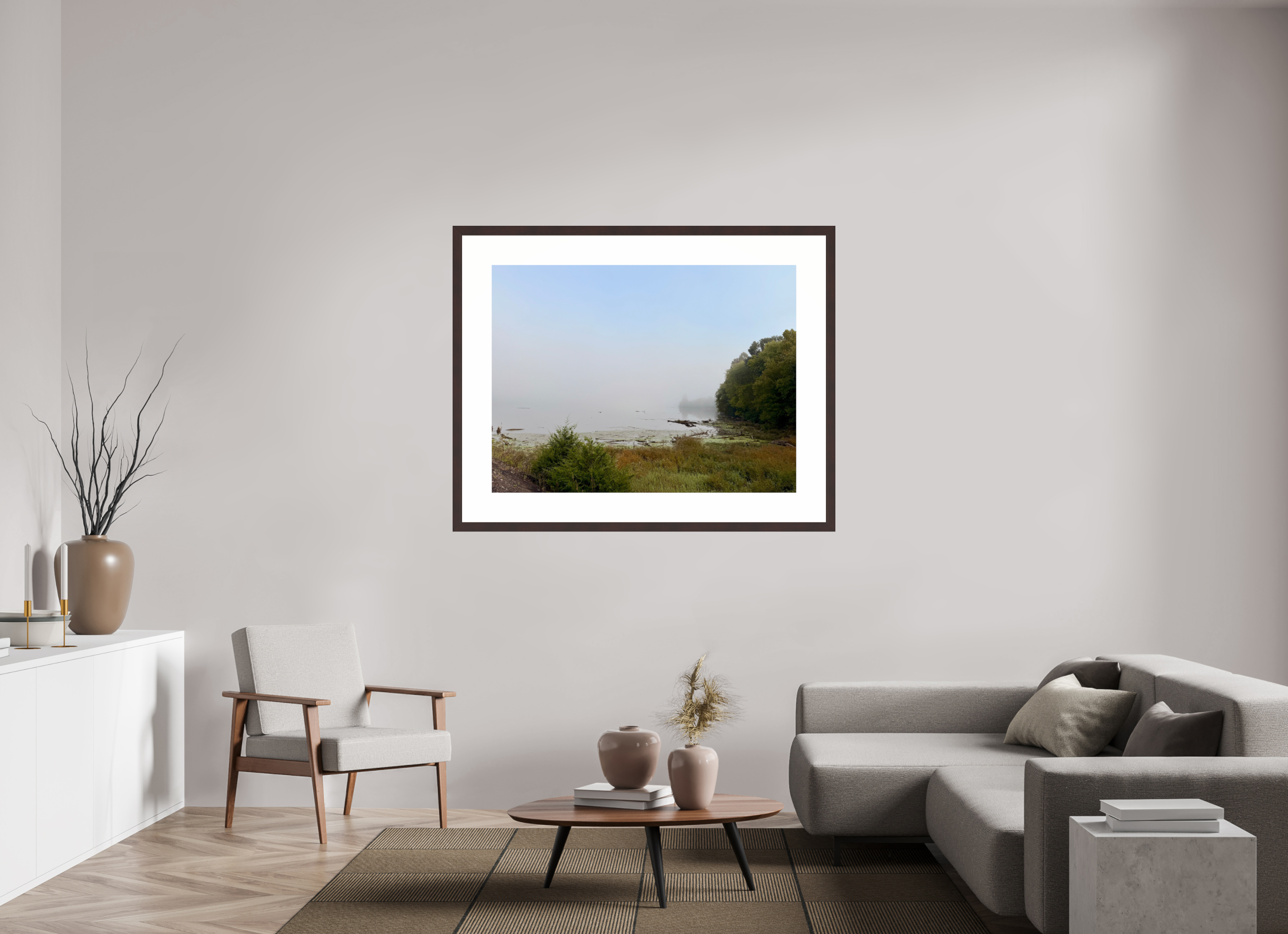 48 x 36″, Framed, Alder Brown, Color Print Fog at Cordell Hull Reservoir