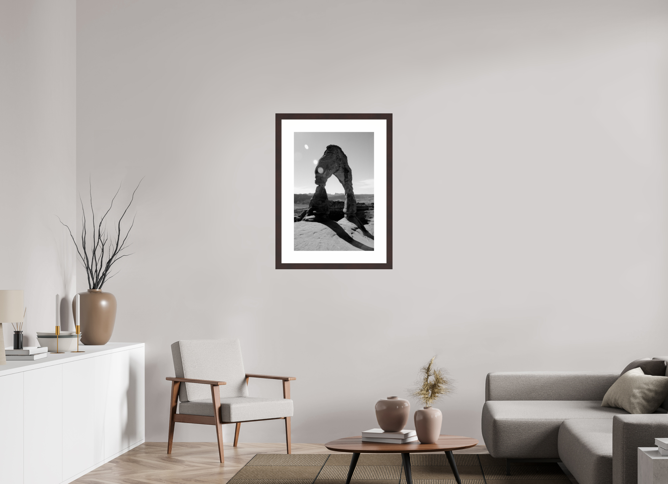 20 x 29.5″, Framed, Alder Brown, B&W Print Delicate Arch