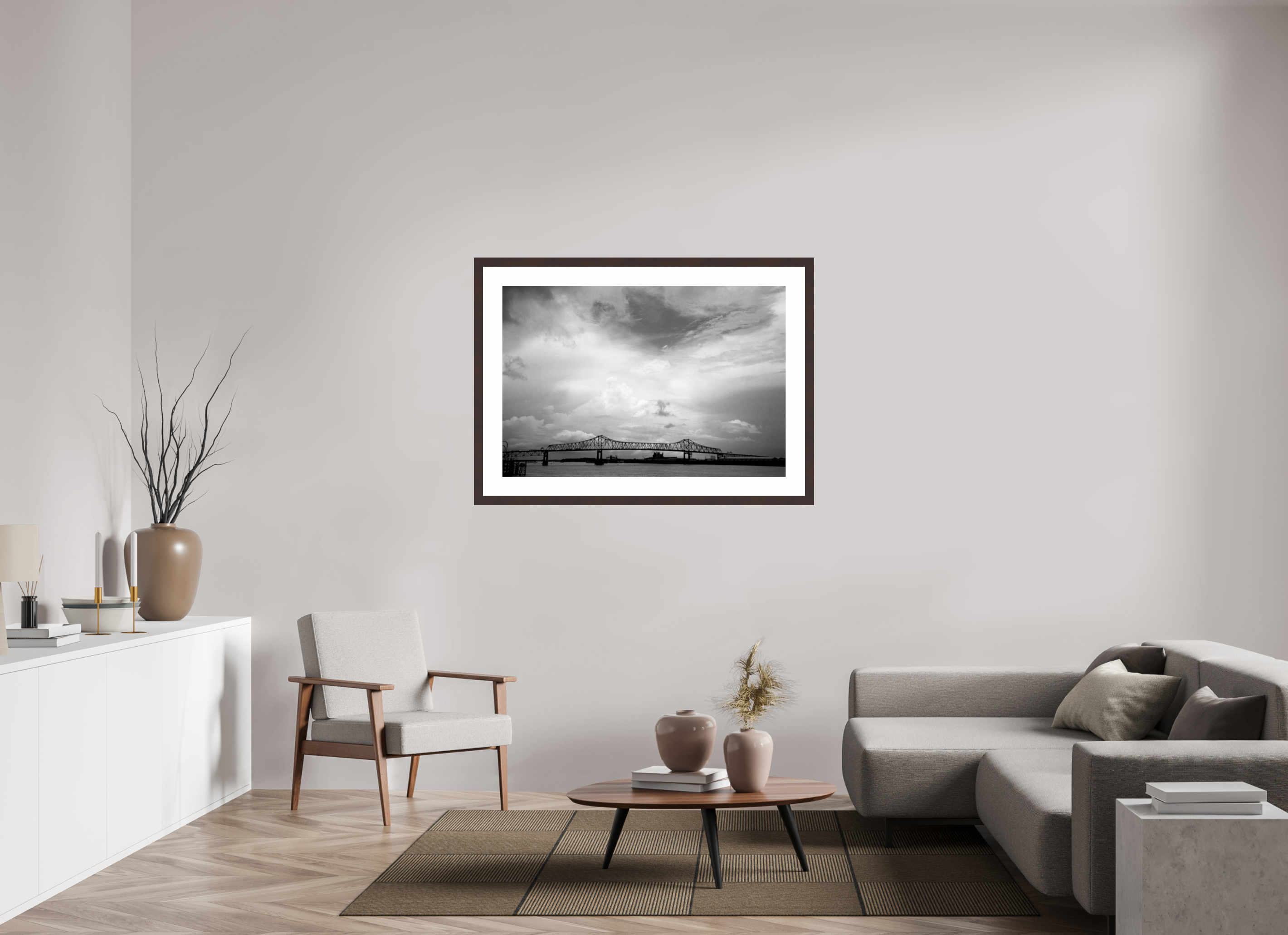 45.8 x 31″, Framed, Alder Brown, B&W Print Baton Rouge Bridge