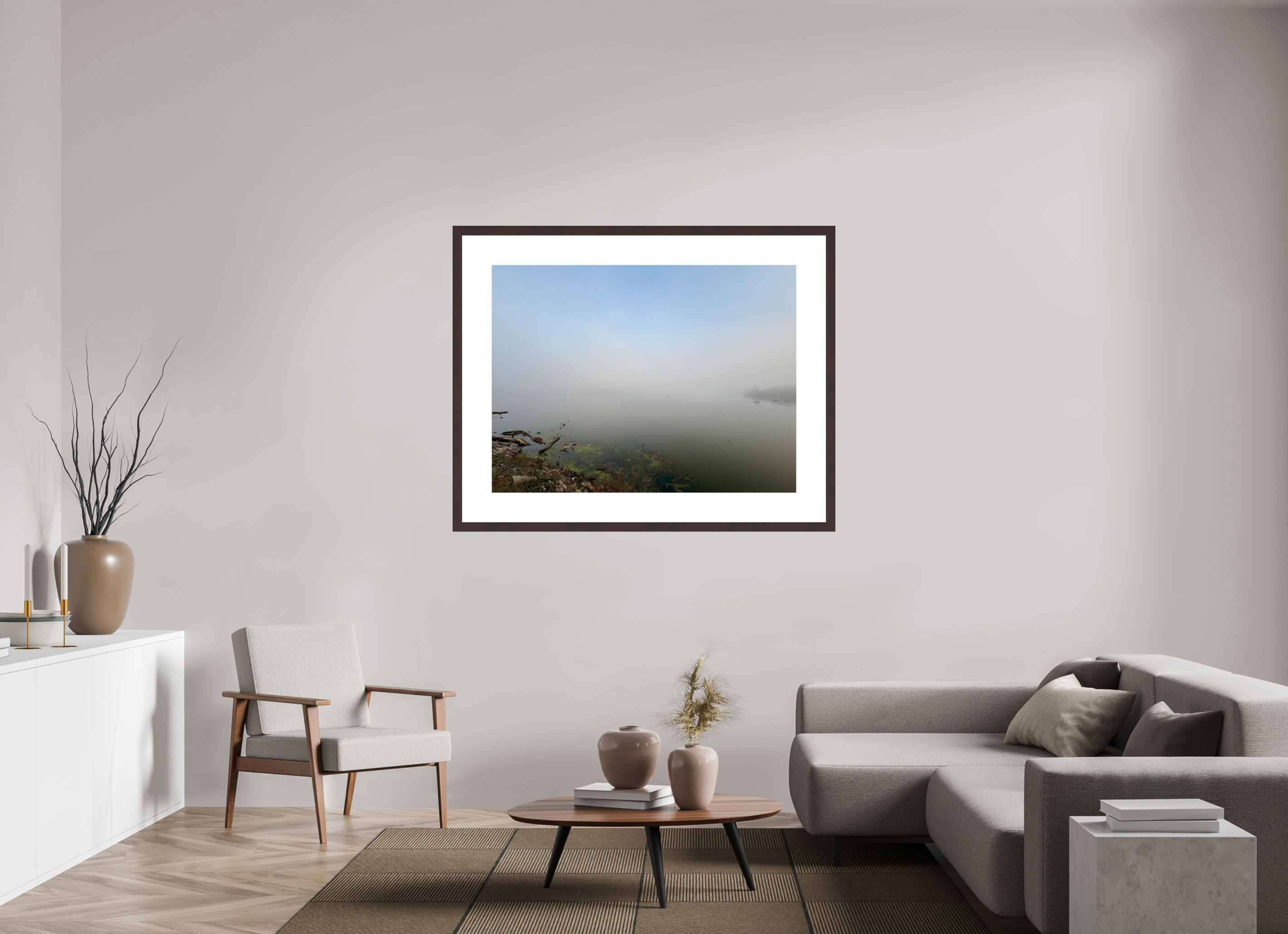 48 x 36″, Framed, Alder Brown, Color Print Foggy Morning at Cordell Hull Reservoir