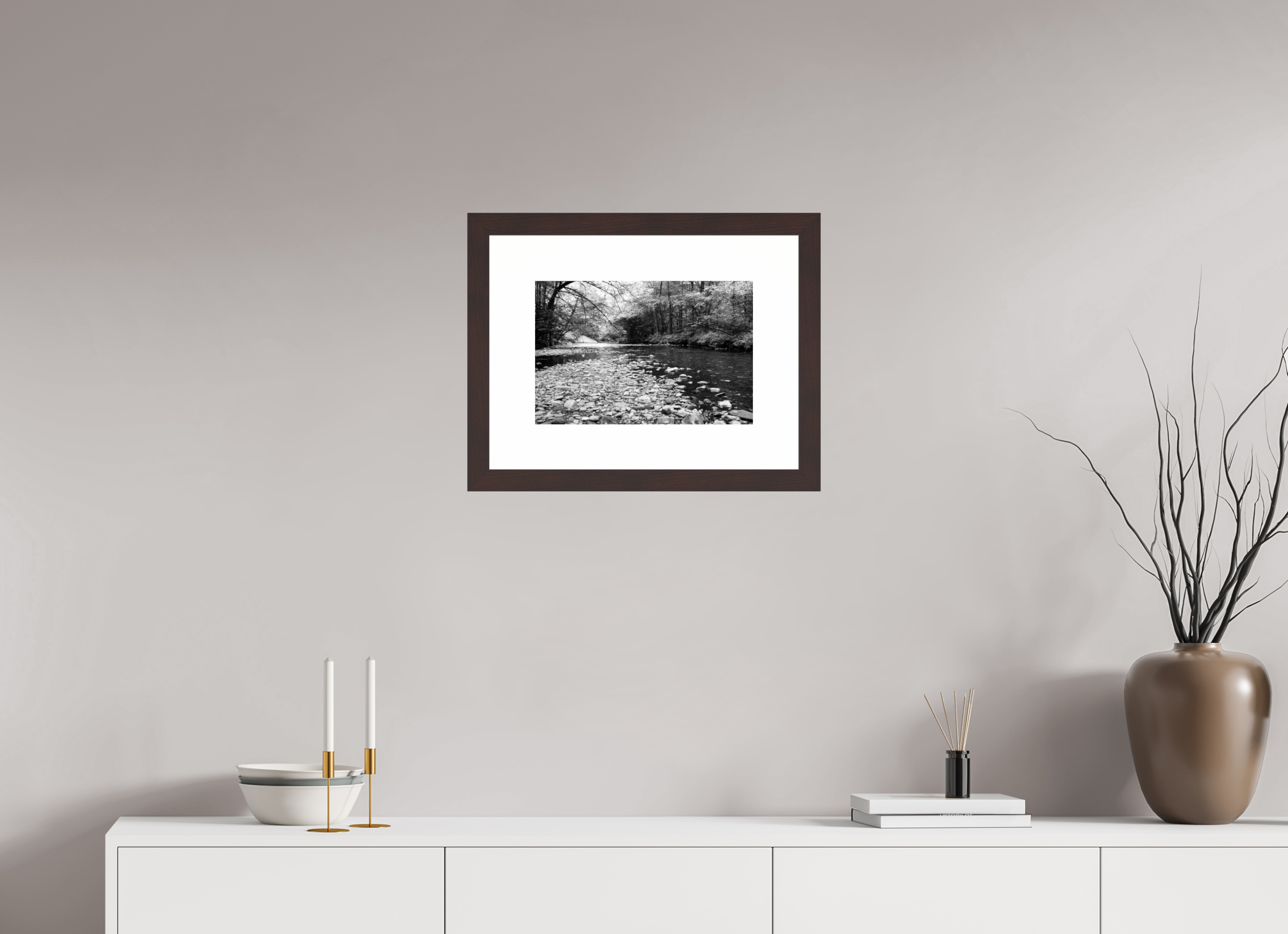 15 x 10″, Framed, Alder Brown, B&W Print On the Banks of the Tallulah