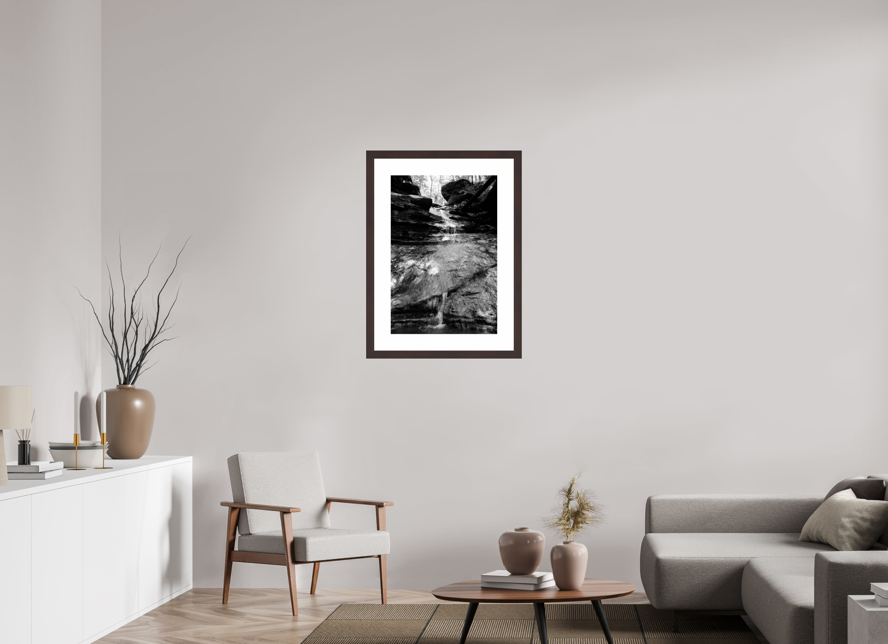 20 x 29.6″, Framed, Alder Brown, B&W Print Waterfall
