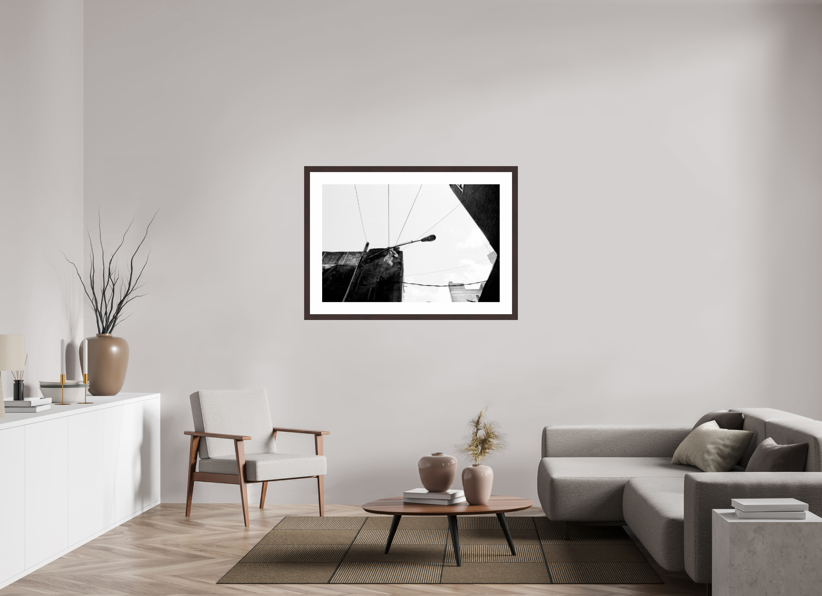 45 x 30″, Framed, Alder Brown, B&W Print Lines at Corner