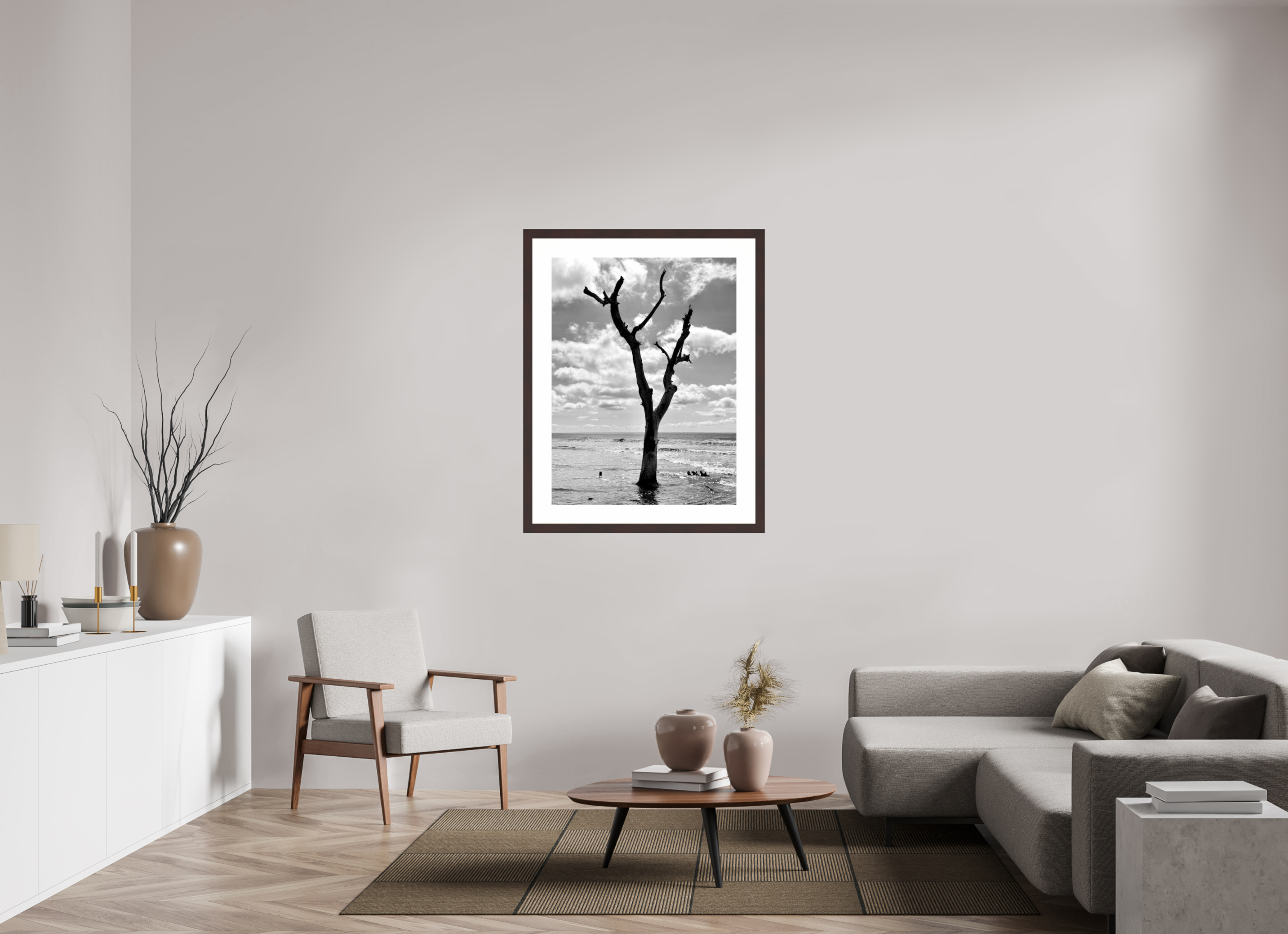 30 x 40″, Framed, Alder Brown, B&W Print Tree at Capers Island