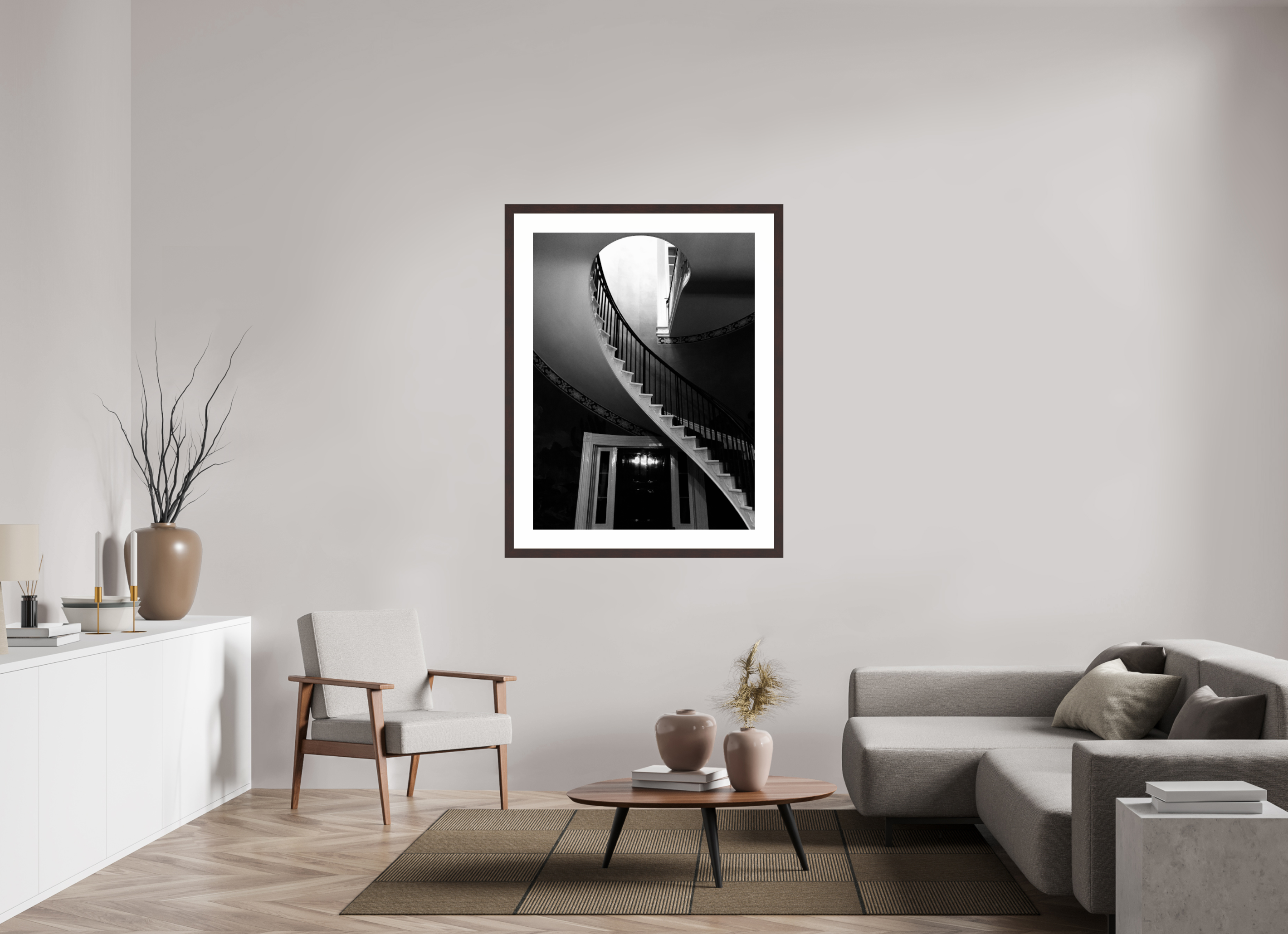 36 x 48″, Framed, Alder Brown, B&W Print Staircase at the Hermitage