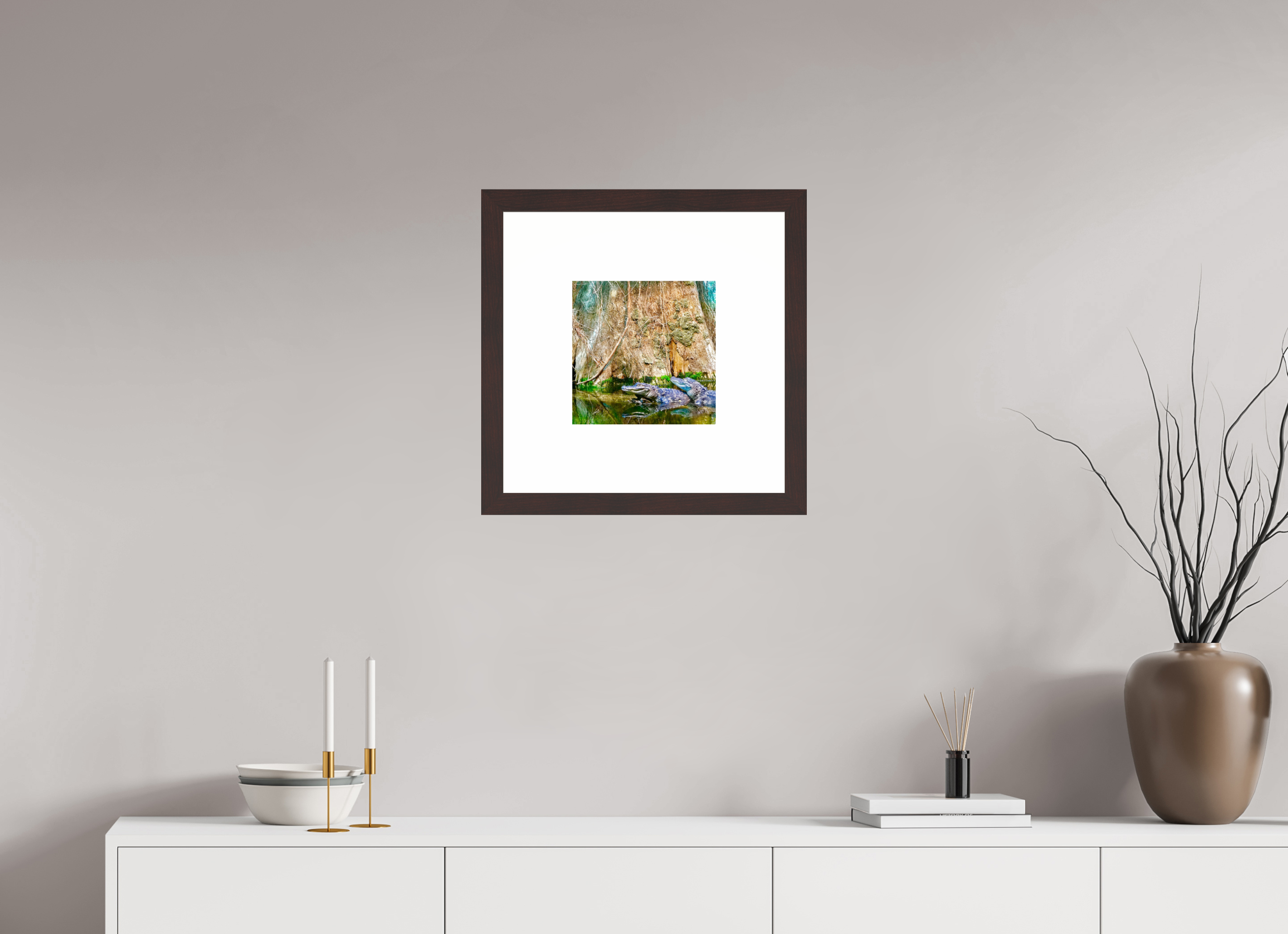 10 x 10″, Framed, Alder Brown, Color Print Alligators