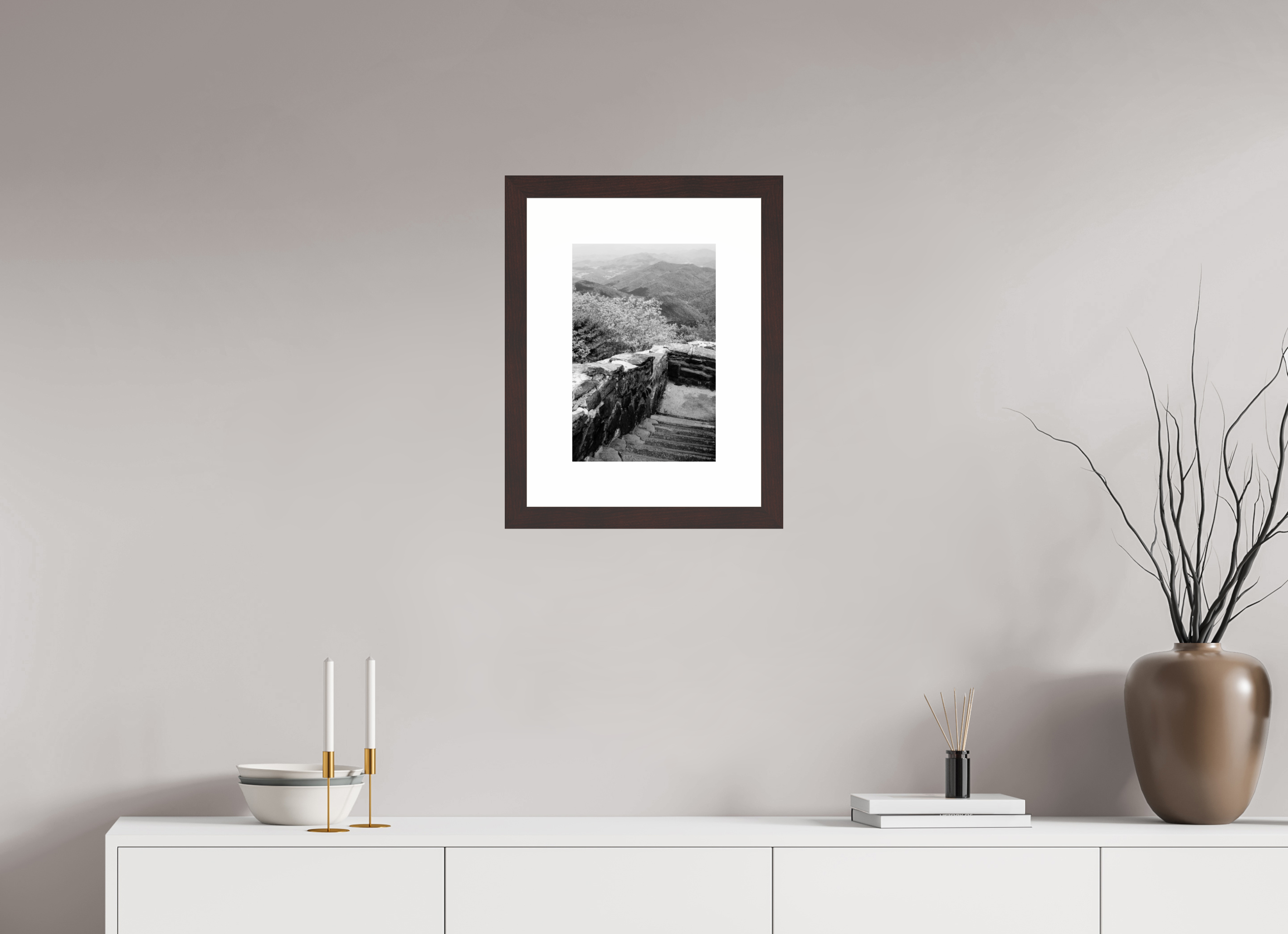 10 x 15″, Framed, Alder Brown, B&W Print Stairs at Mountain Lookout