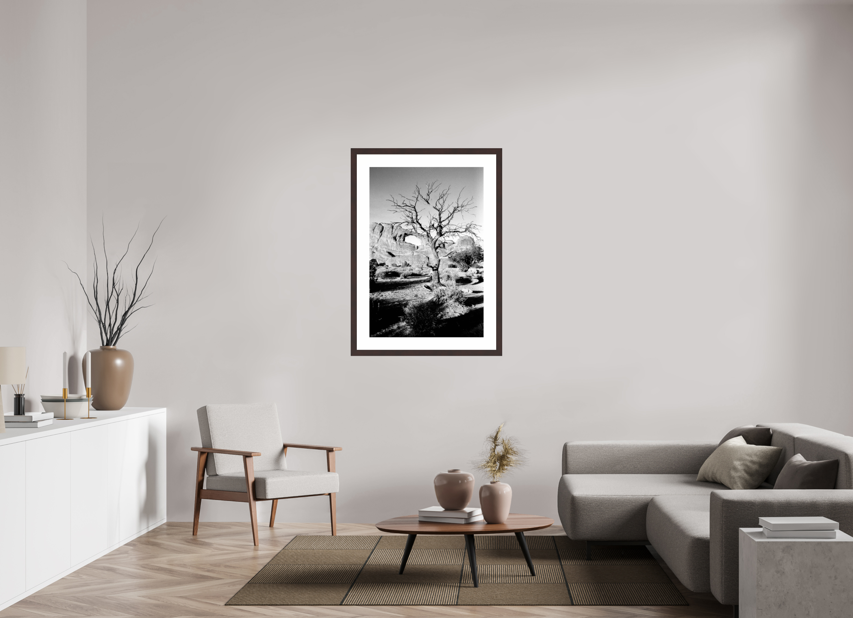 28 x 41.7″, Framed, Alder Brown, B&W Print Skyline Arch with Tree