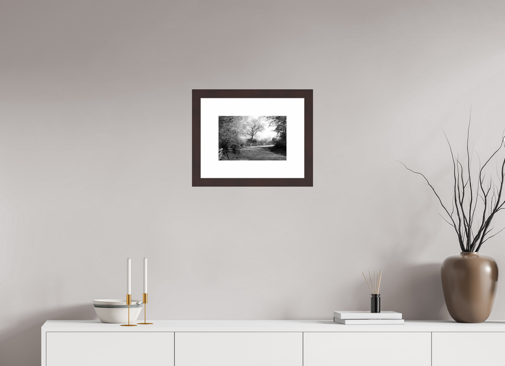 12 x 8″, Framed, Alder Brown, B&W Print Fence Along Mountain Pass