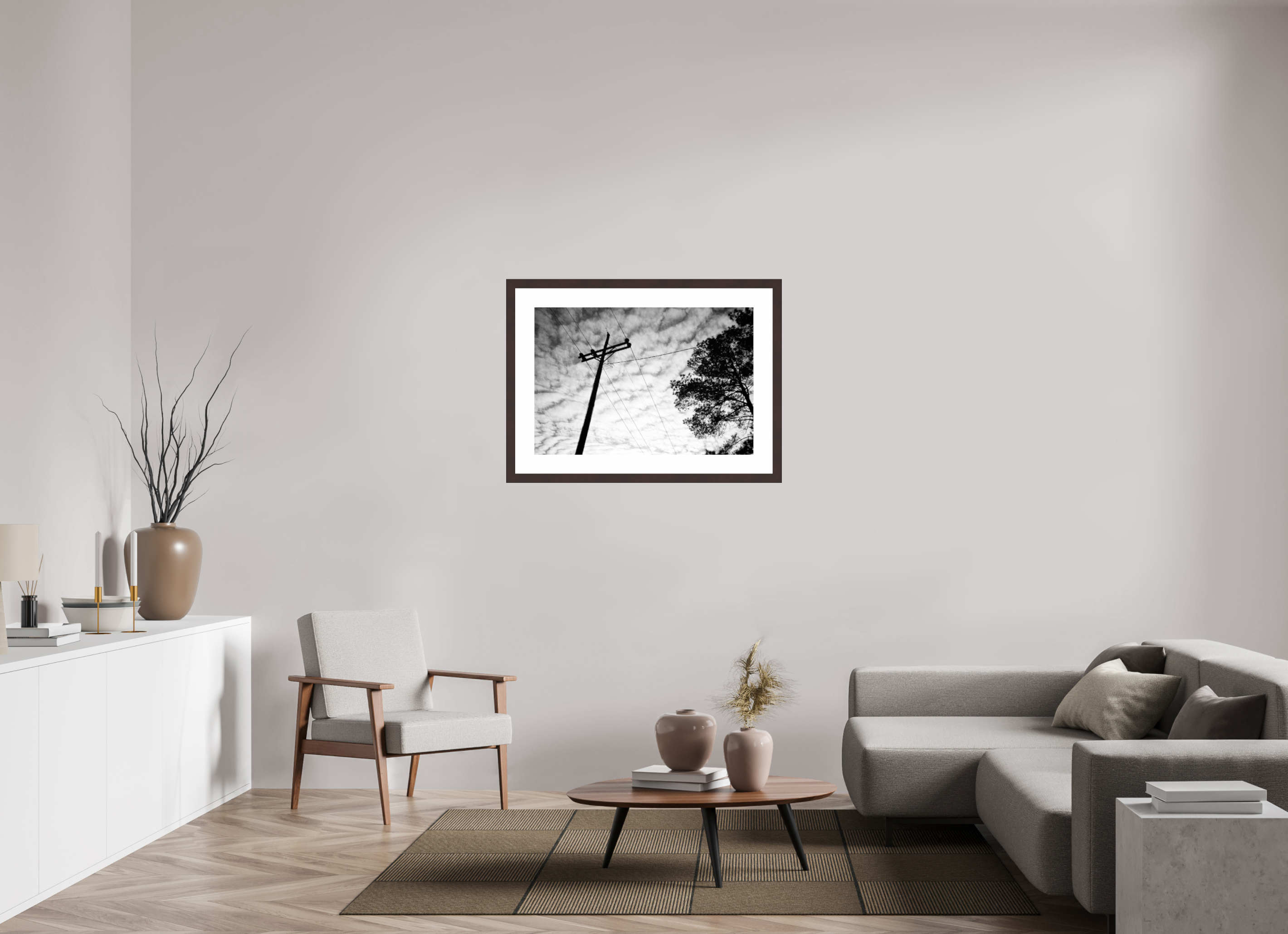 35.5 x 24″, Framed, Alder Brown, B&W Print Lines and Pine Tree