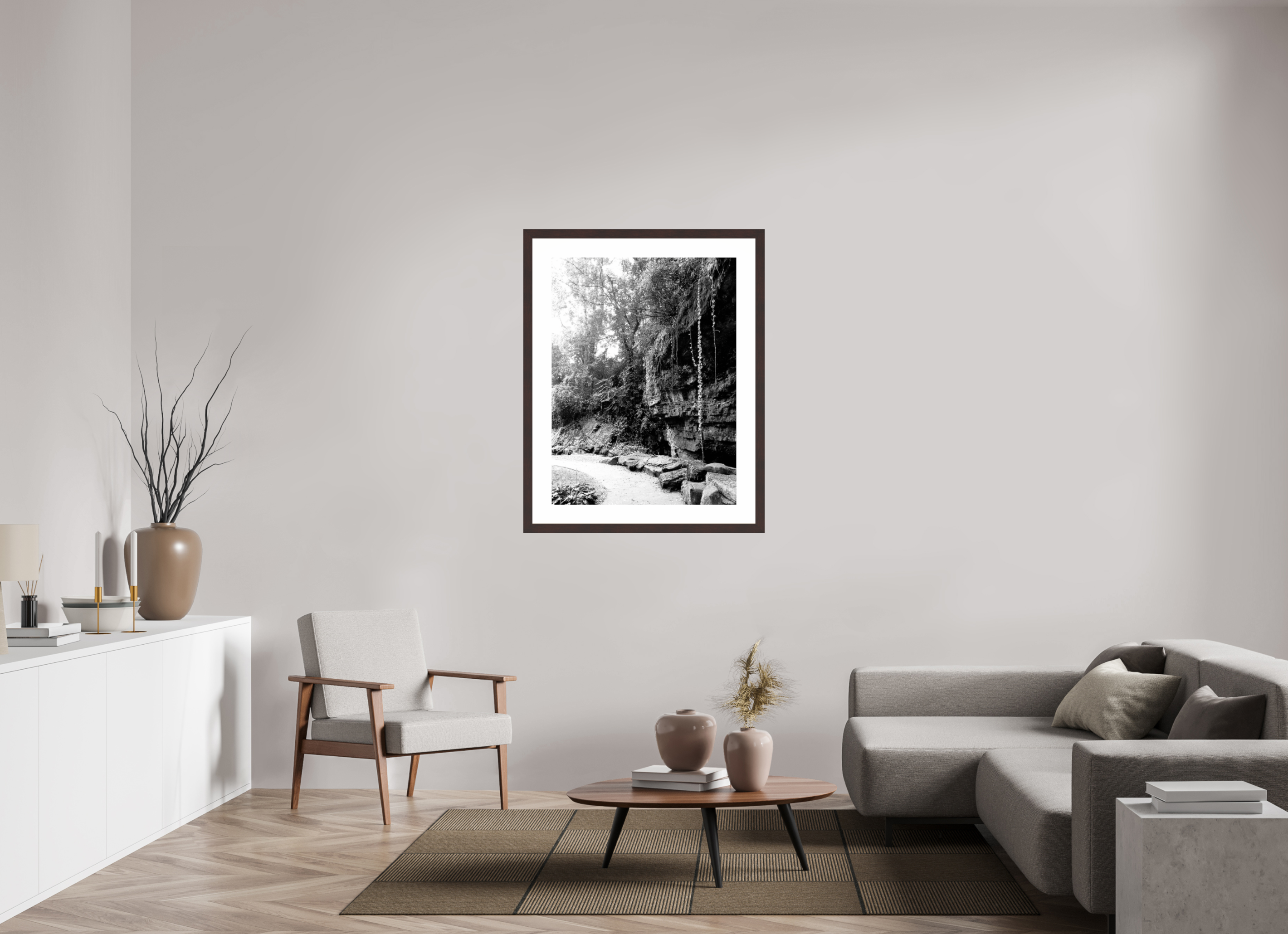 30 x 40″, Framed, Alder Brown, B&W Print Vines Falling from Cliff