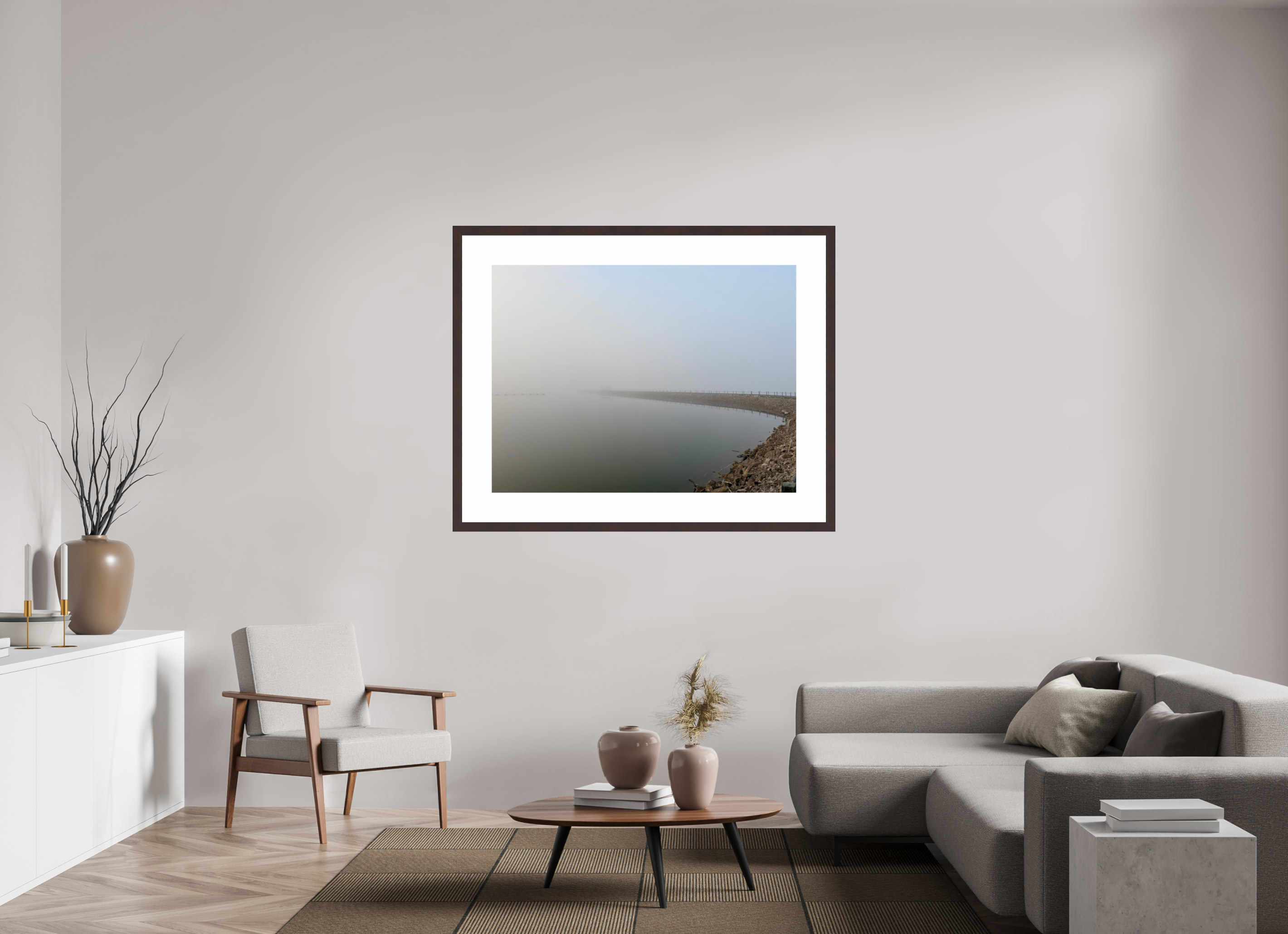 48 x 36″, Framed, Alder Brown, Color Print Jetty, Foggy Morning