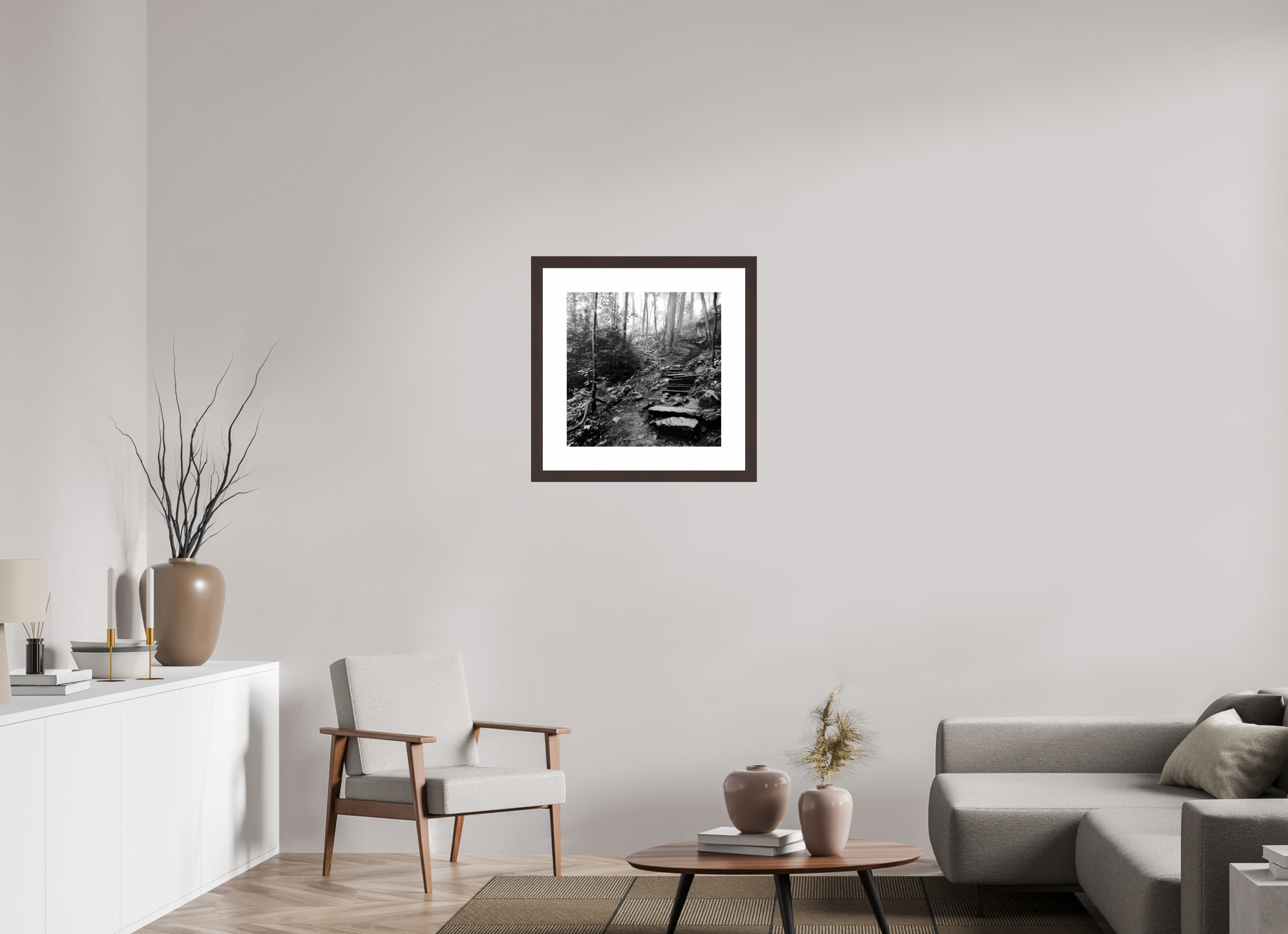 20 x 20″, Framed, Alder Brown, B&W Print Hillside Steps
