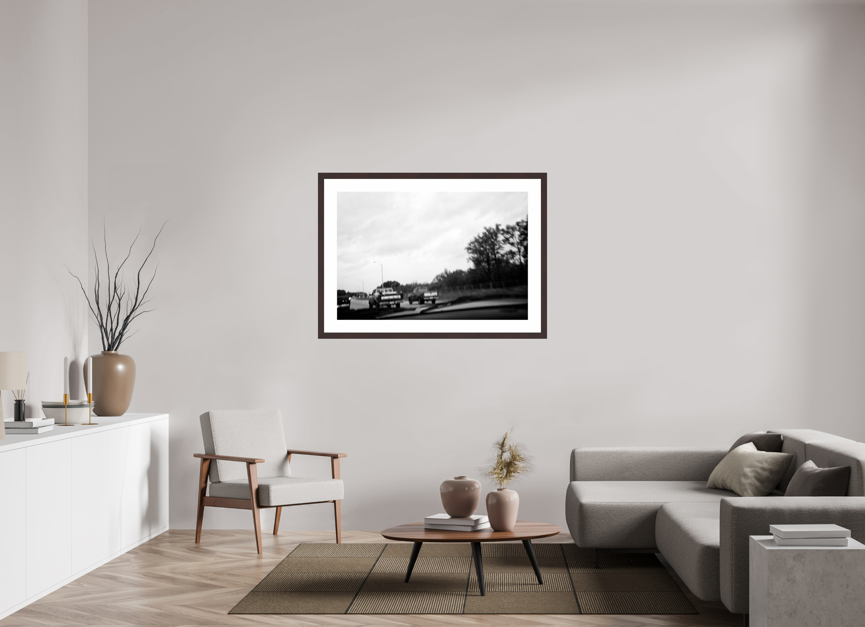 46 x 31″, Framed, Alder Brown, B&W Print Three Trucks