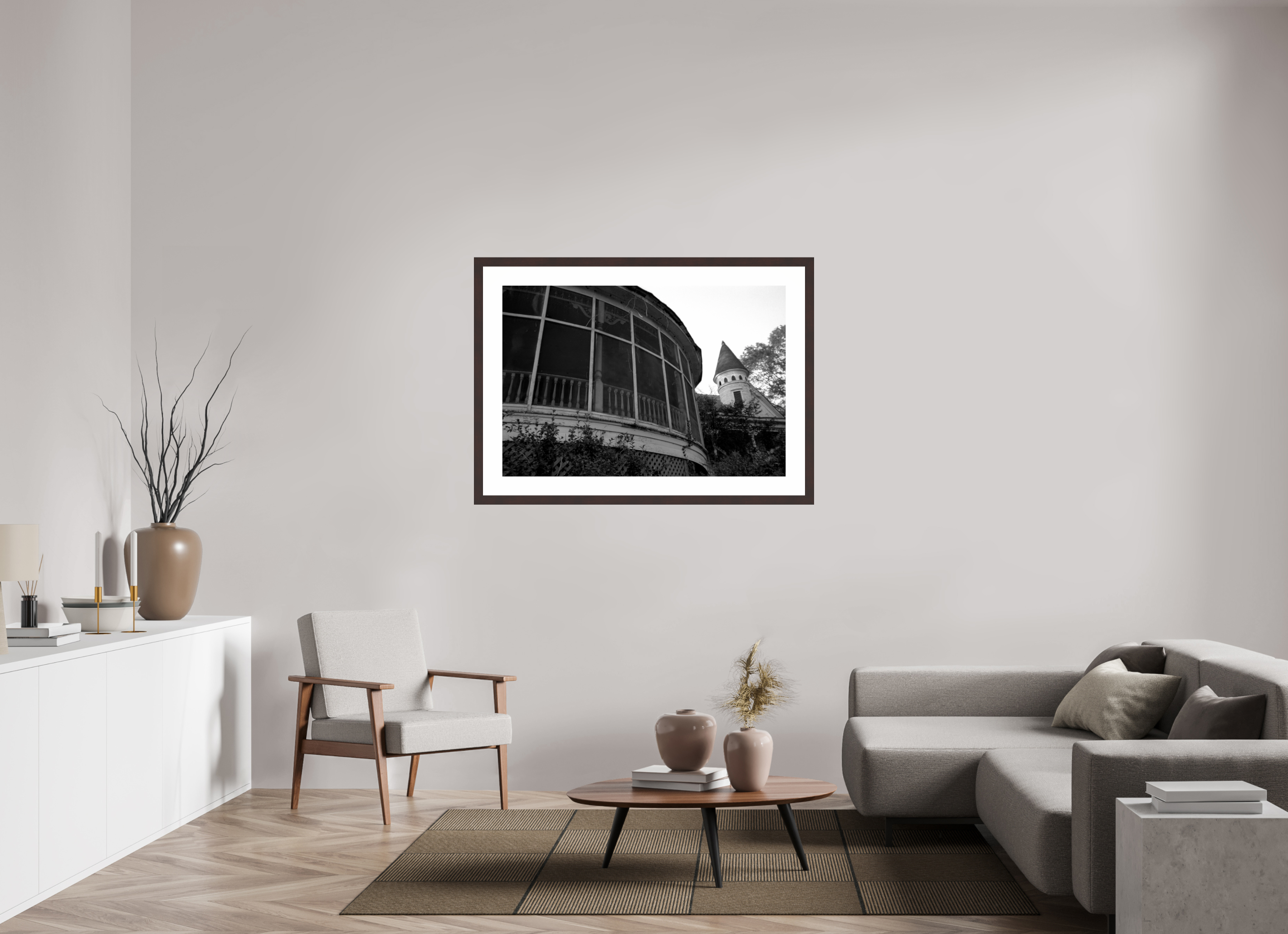 45.8 x 31″, Framed, Alder Brown, B&W Print Porch and Spire