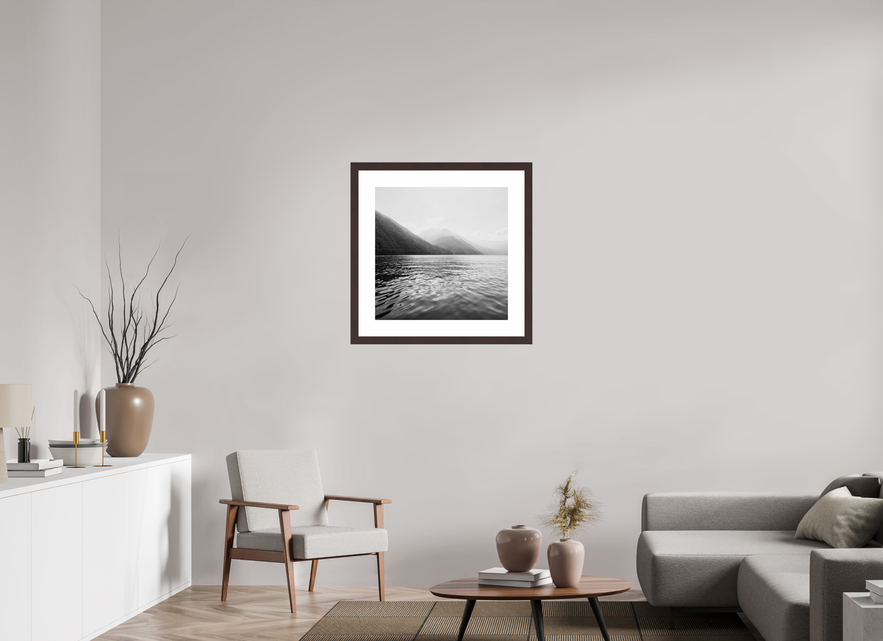 25 x 25″, Framed, Alder Brown, B&W Print Lake Como