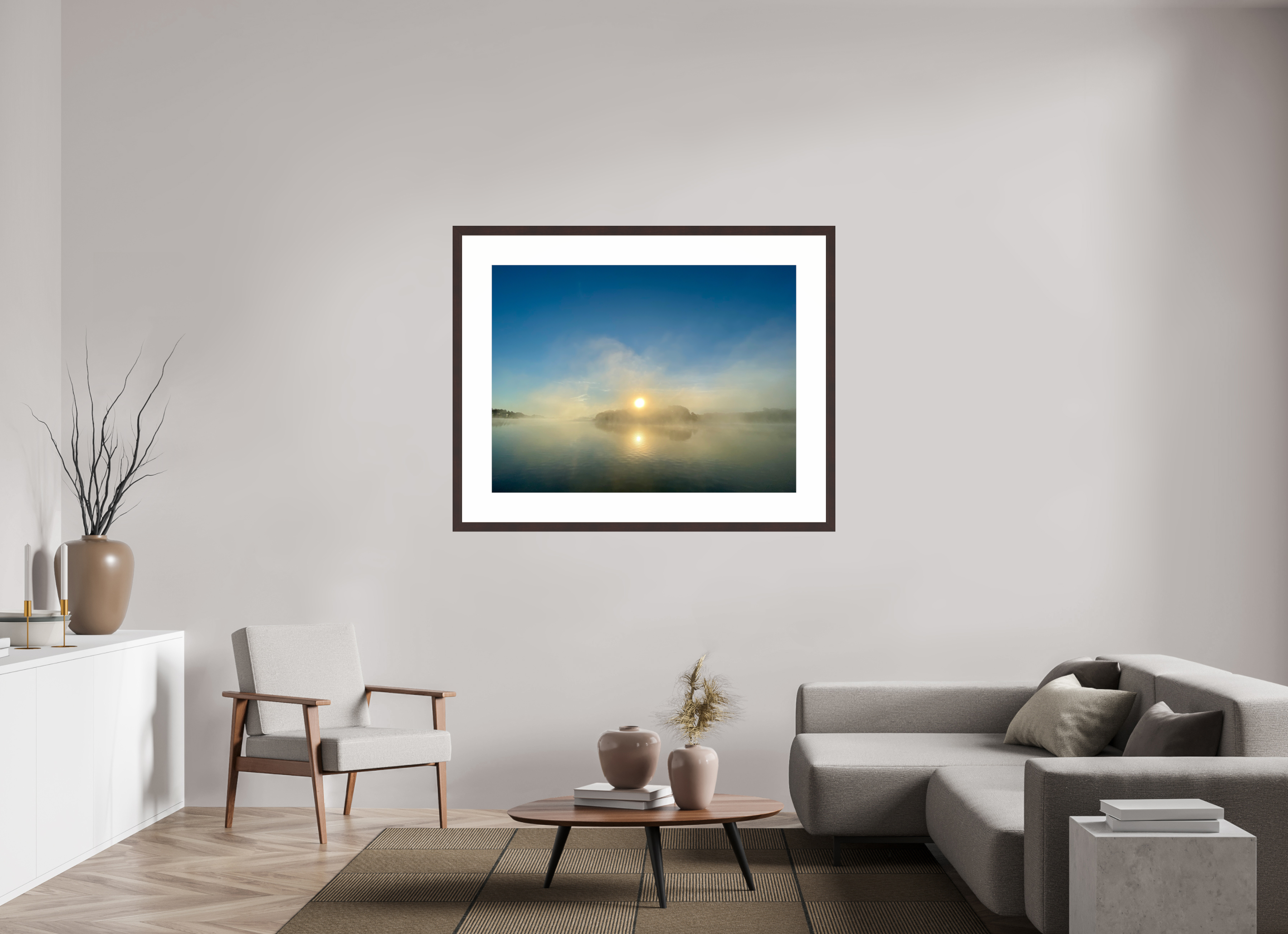 48 x 36″, Framed, Alder Brown, Color Print Sunrise Breaking Fog at Percy Priest Lake
