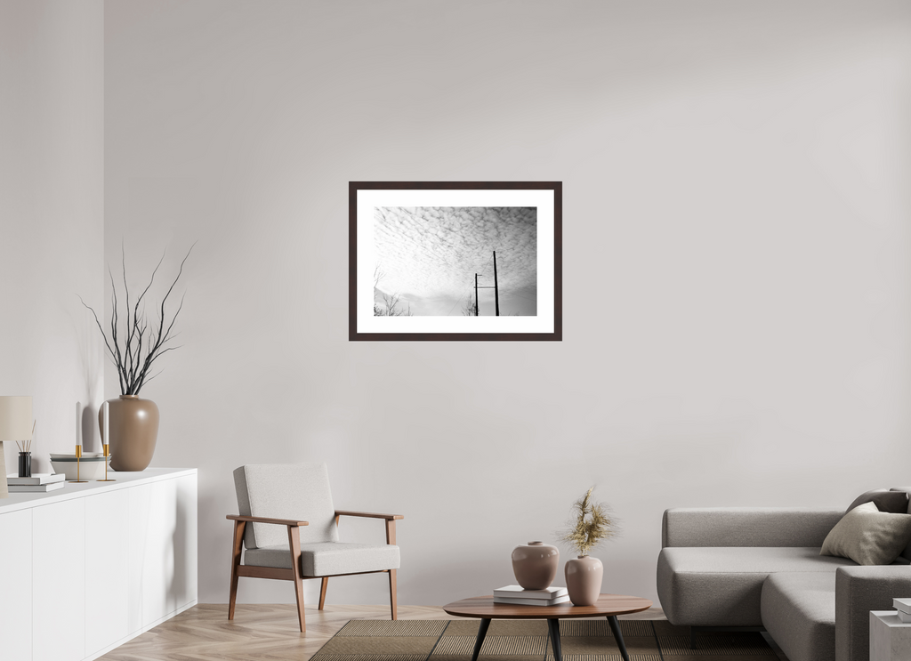 29.6 x 20″, Framed, Alder Brown, B&W Print Lines Under a Blanket of Clouds