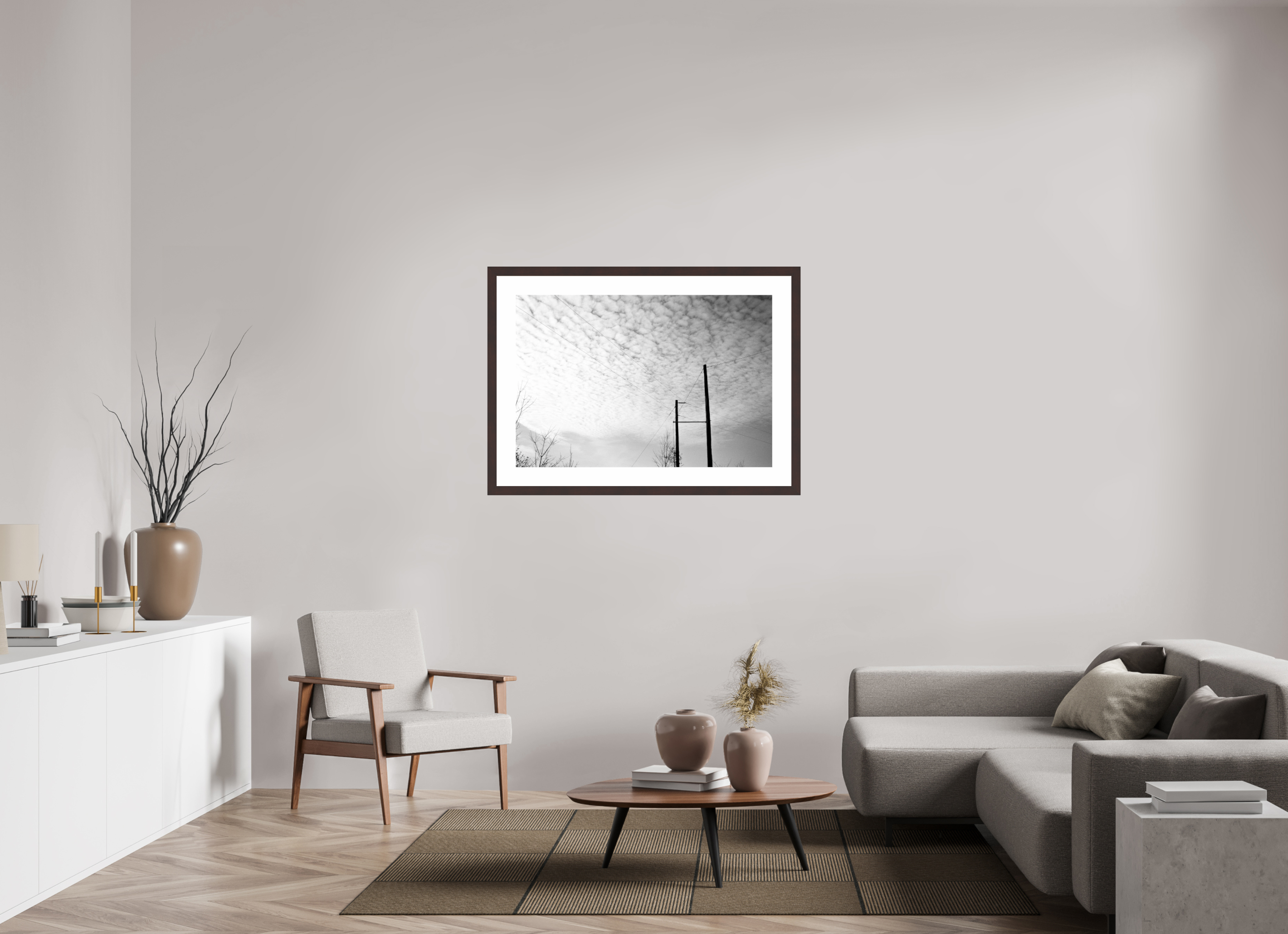 41.5 x 28″, Framed, Alder Brown, B&W Print Lines Under a Blanket of Clouds