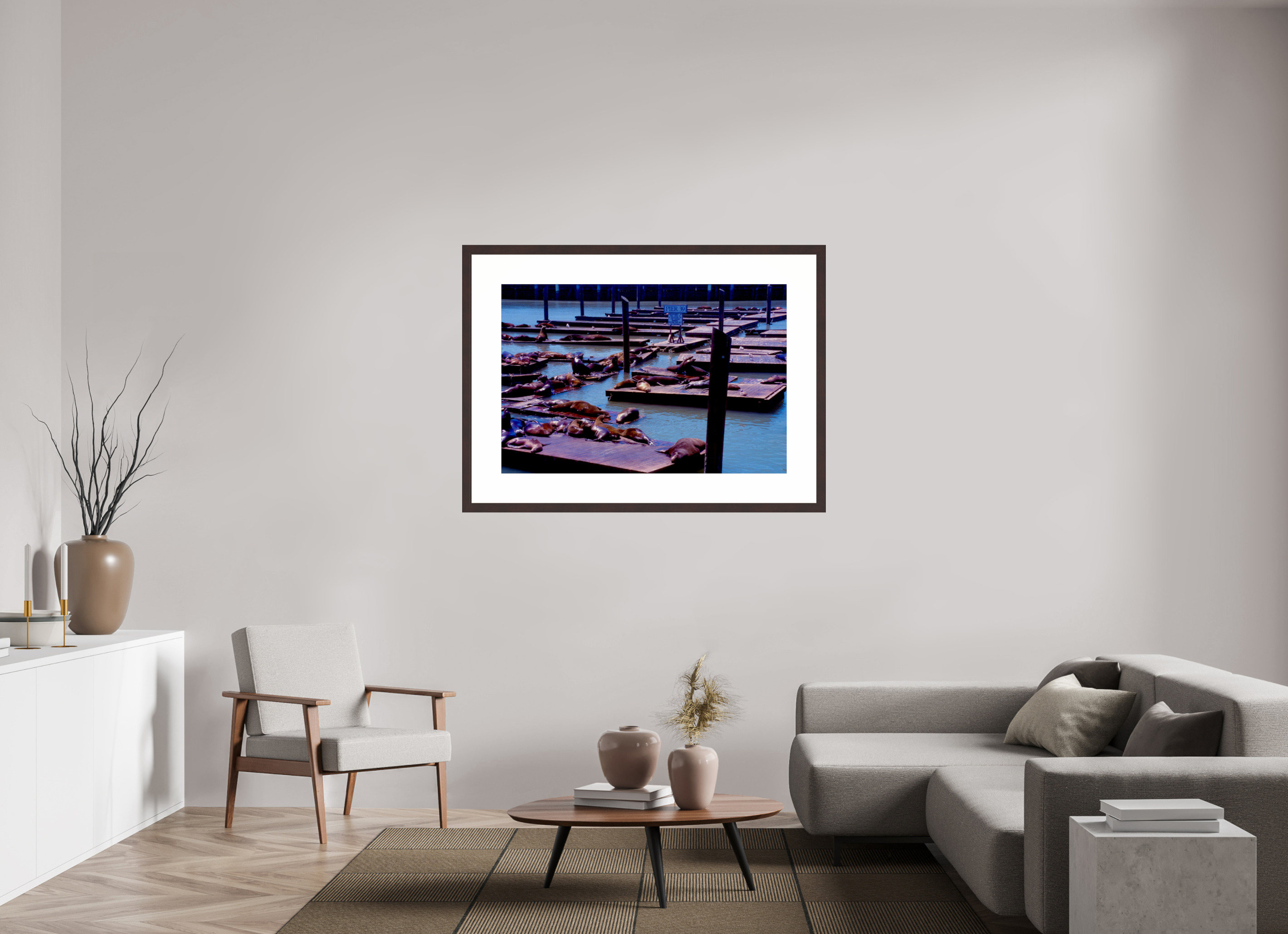 45 x 30″, Framed, Alder Brown, Color Print Pier 39 Wildlife