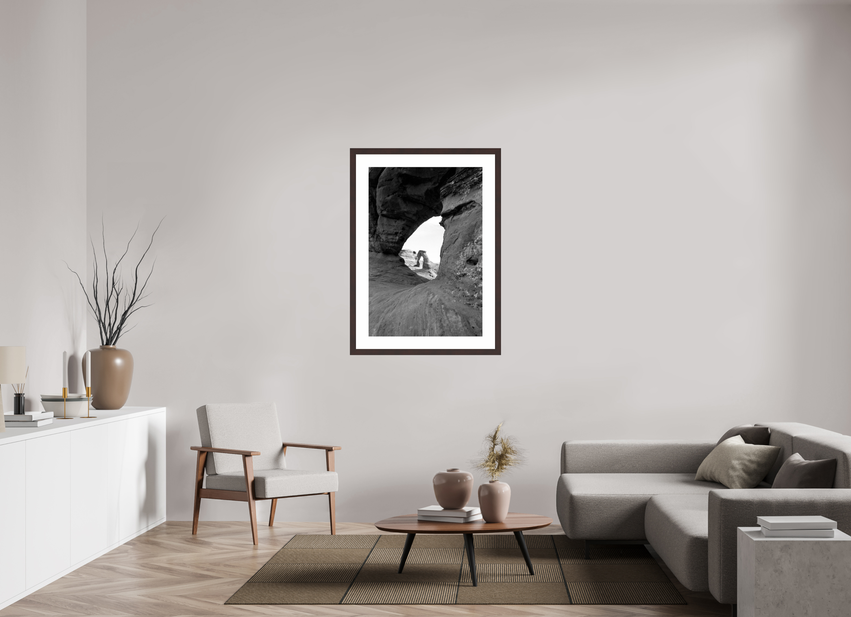 28 x 41.5″, Framed, Alder Brown, B&W Print Delicate Arch as Seen Through Another Arch