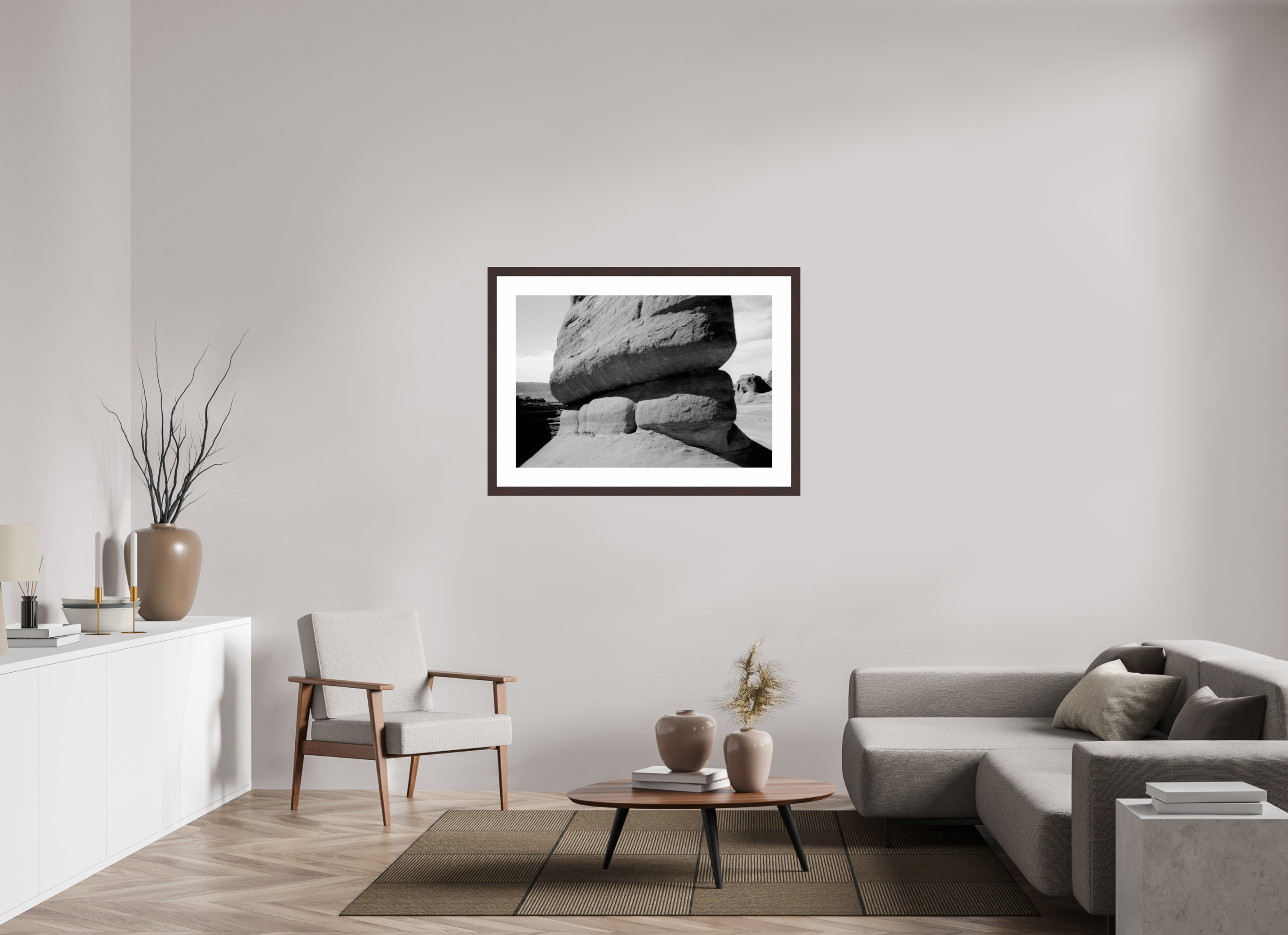 41.5 x 28″, Framed, Alder Brown, B&W Print Base of Delicate Arch