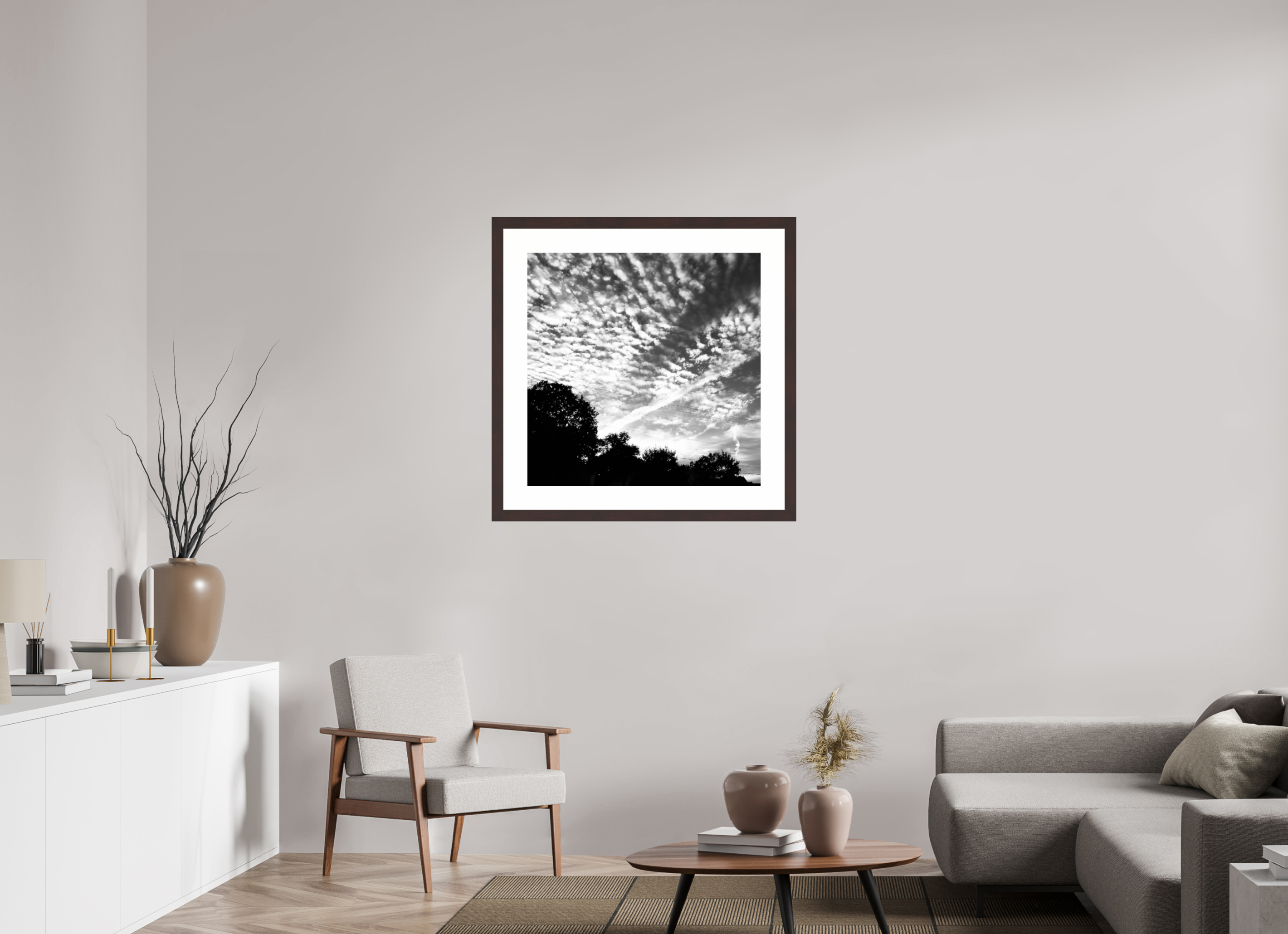 30 x 30″, Framed, Alder Brown, B&W Print Bird on a Wire