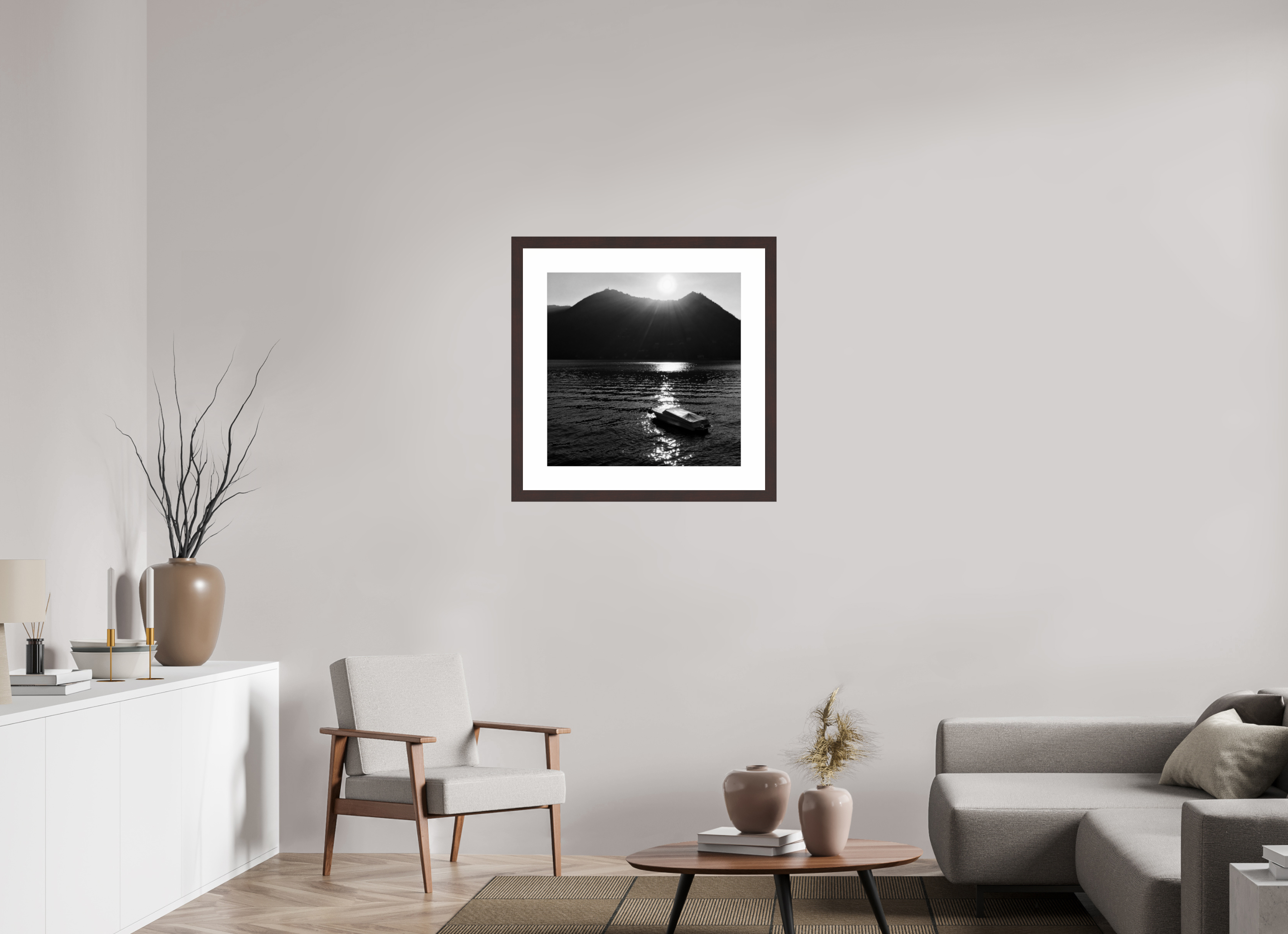 25 x 25″, Framed, Alder Brown, B&W Print Sunrise Over Lake Como