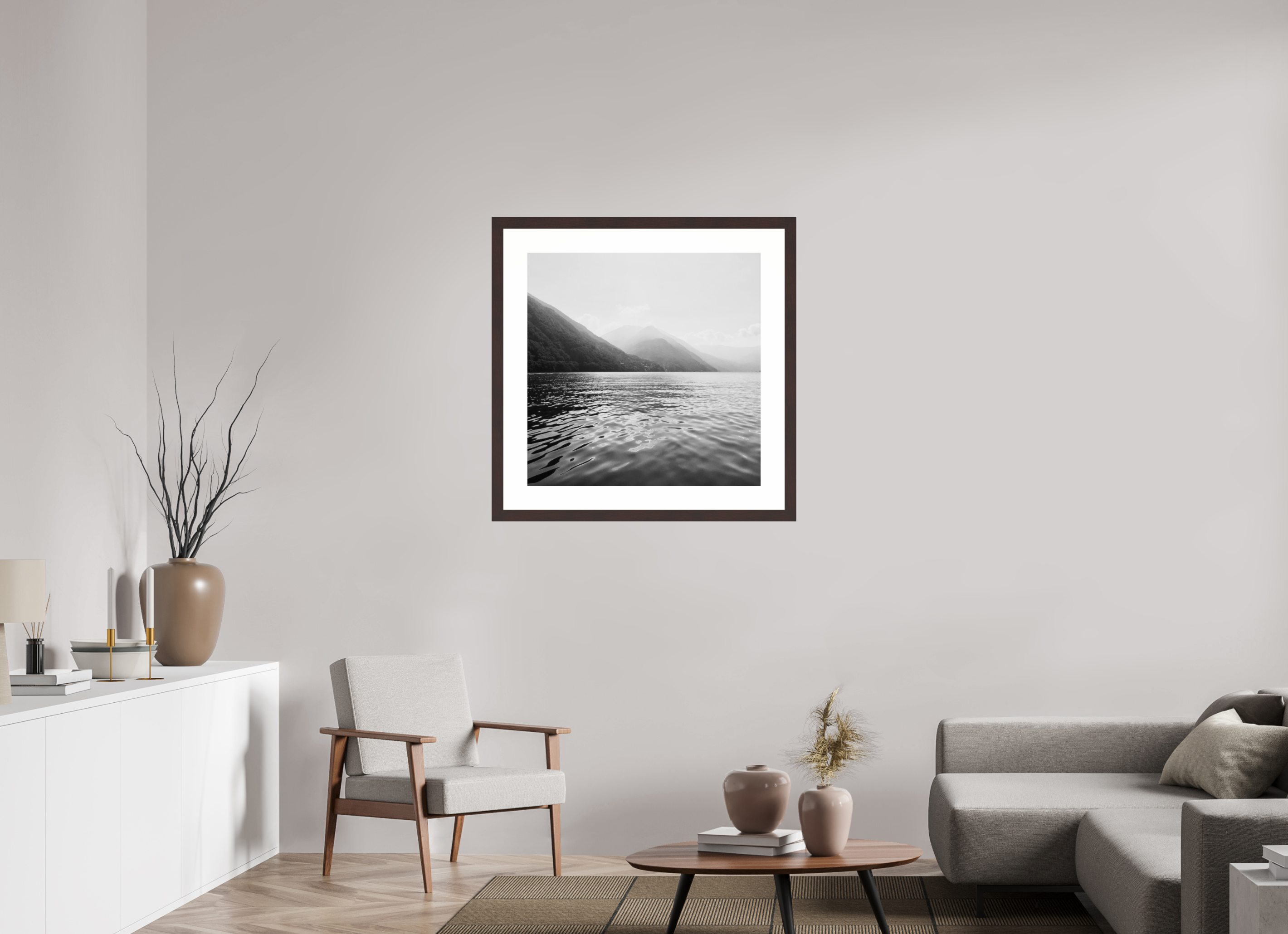 30 x 30″, Framed, Alder Brown, B&W Print Lake Como