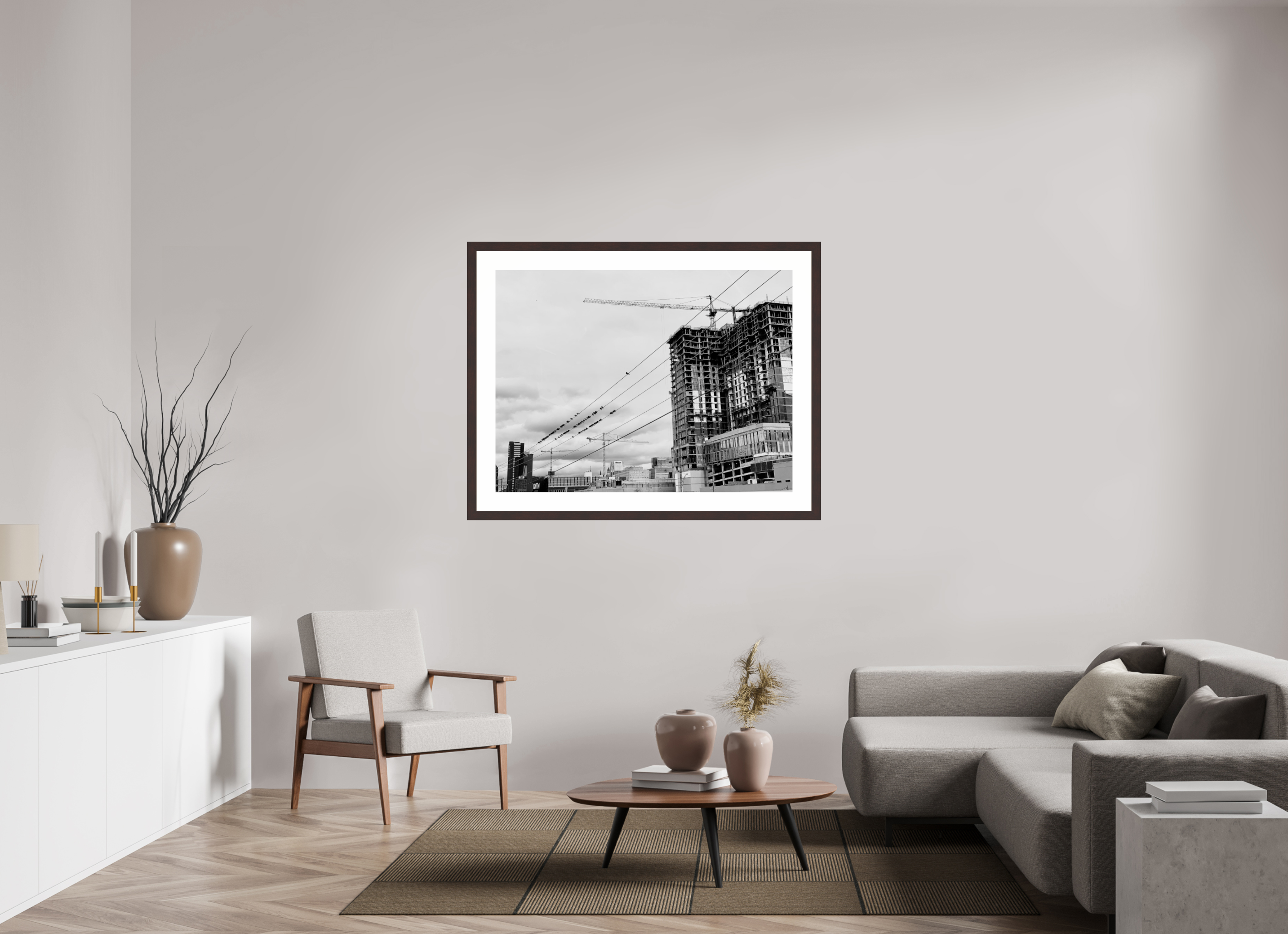 48 x 36″, Framed, Alder Brown, B&W Print Birds on Lines