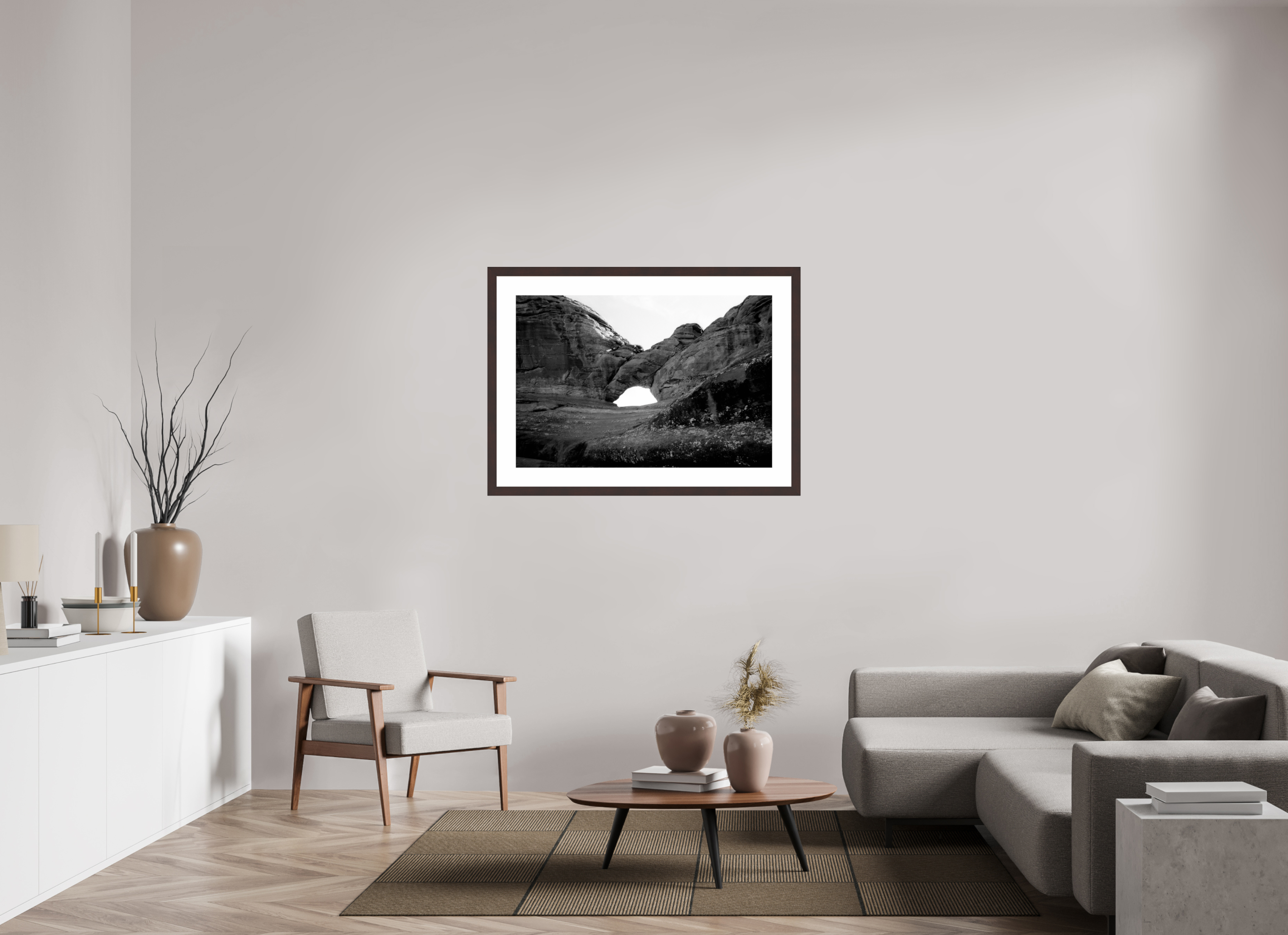 41.5 x 28″, Framed, Alder Brown, B&W Print Small Arch Near Delicate Arch